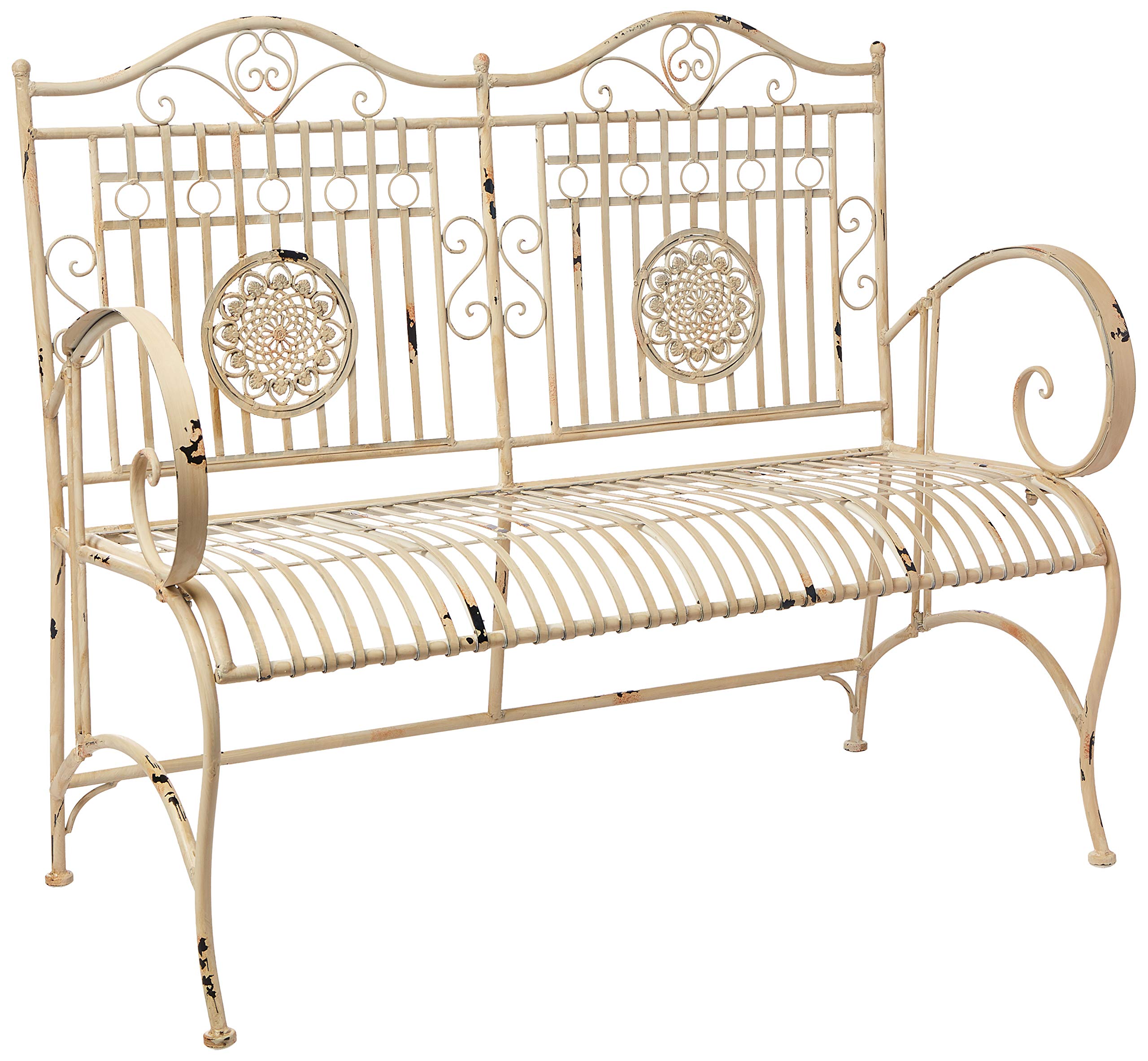 Rustic Metal Garden Bench - Distressed White Outdoor Patio Furniture for Porch, Backyard & Garden Decor | Weather-Resistant & Comfortable Seating