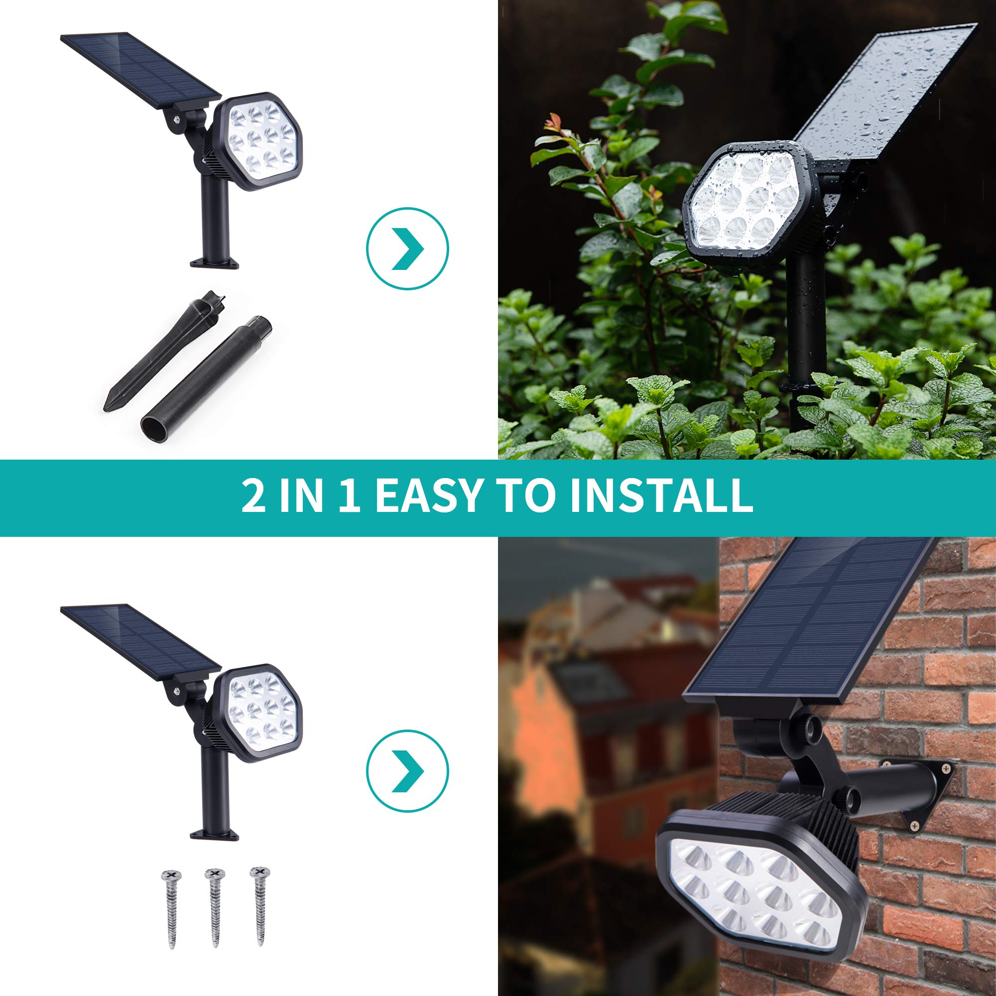 Nekteck 10 LED Solar Outdoor Spotlights - 2 Pack Warm White Landscape Lighting for Yard, Garden, Walkway, Porch, Pool & Driveway | Wireless Adjustable Wall Lights for Security & Decoration | Weatherproof Solar Powered Lights for Nighttime Illumination