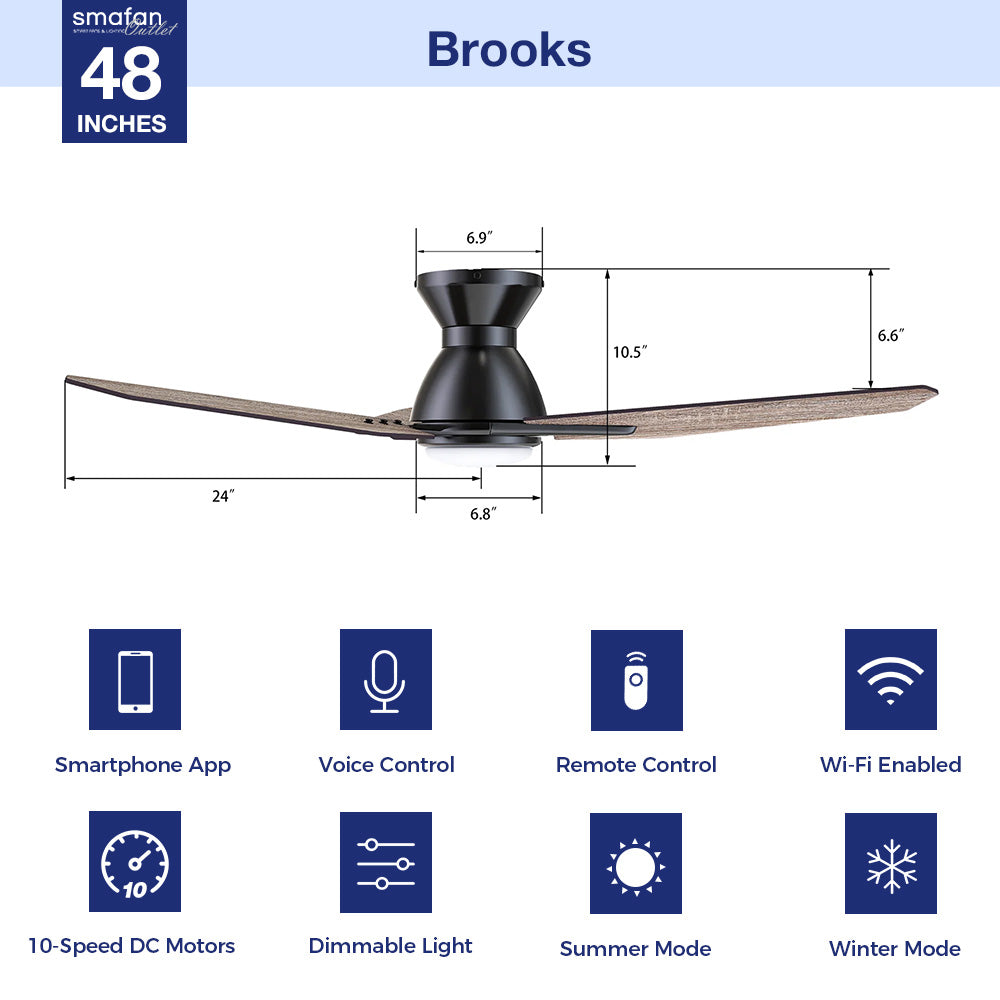 Brooks 48 Inch Smart Ceiling Fan with LED Light - Flush Mount Design for Indoor/Outdoor Use - Perfect for Bedrooms, Living Rooms & Patios