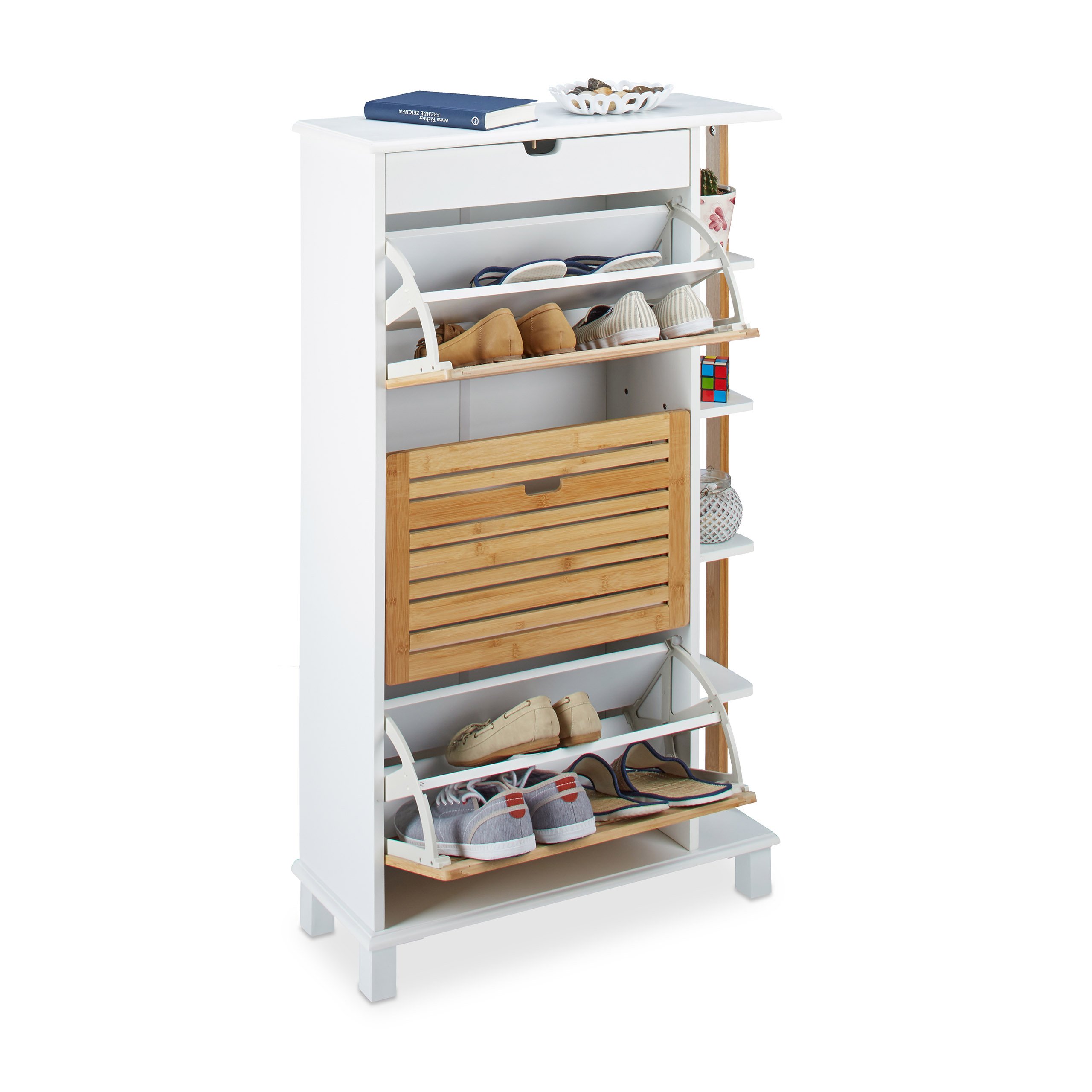 12-Pair Tip Forward Shoe Holder with Drawer & Bamboo Lids - White Wooden Shoe Closet Organizer | Space-Saving Shoe Storage for Entryway, Closet, or Bedroom