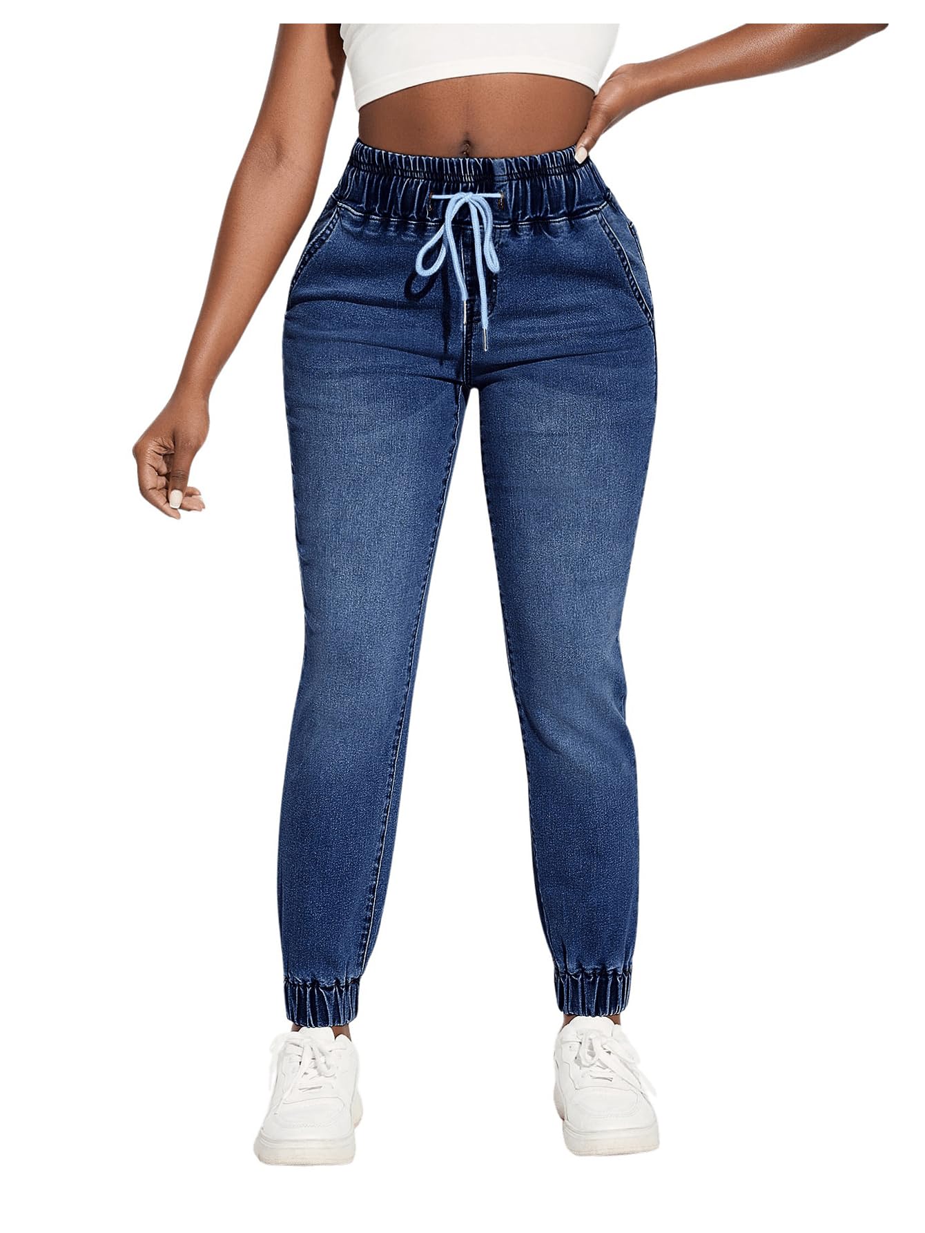 Floerns Women's Stretchy Denim Jogger Pants with Elastic Waist & Drawstring - Comfortable Casual Pants for Work, Travel & Everyday Wear