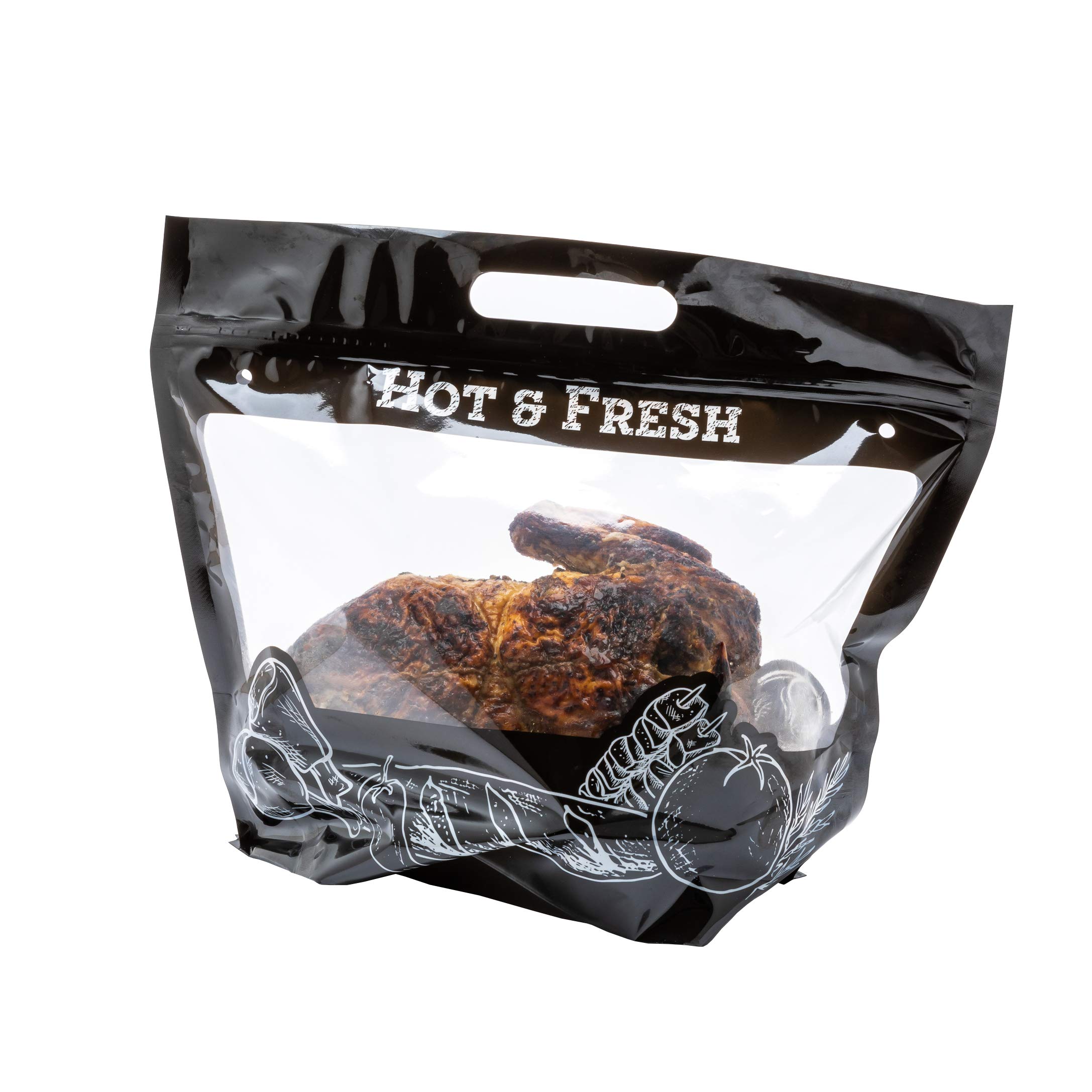 100 Pack Black Insulated Food Delivery Bags with Clear Window & Zipper - 12.7 x 5.7 x 10.4 Inch Hot Bags for Restaurants, Takeout & Catering - Perfect for Rotisserie Chicken, Pizza & Meal Delivery Services