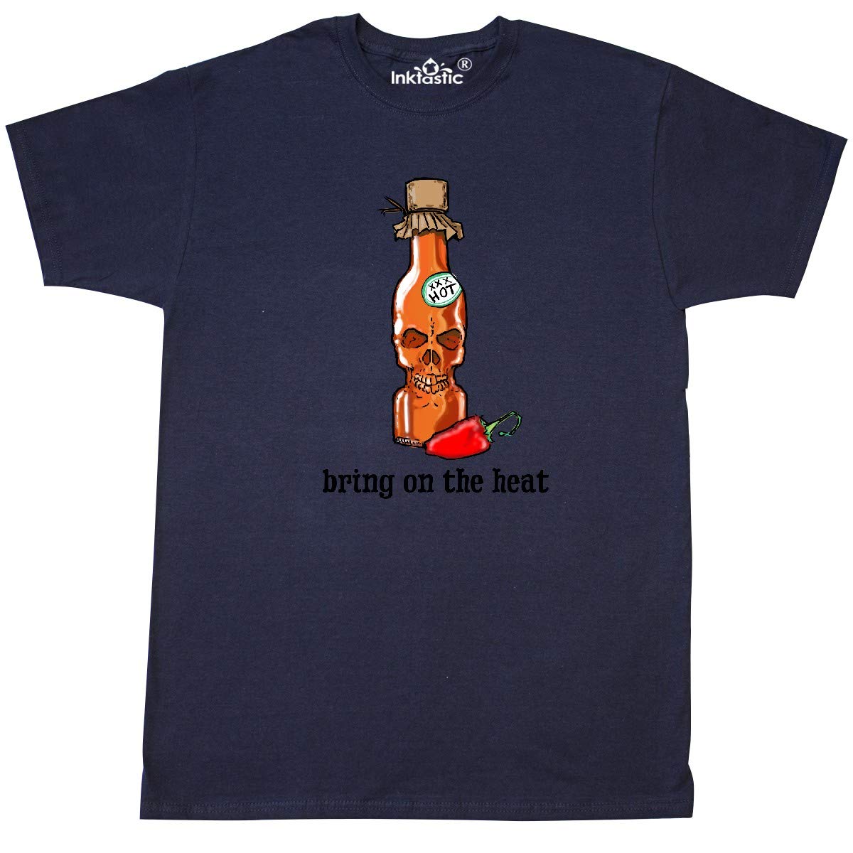 Inktastic Bring on The Heat Skull Bottle and Pepper Graphic T-Shirt for Men & Women | Cool Skull & Chili Pepper Design | Perfect for Casual Wear, Parties & Gifts