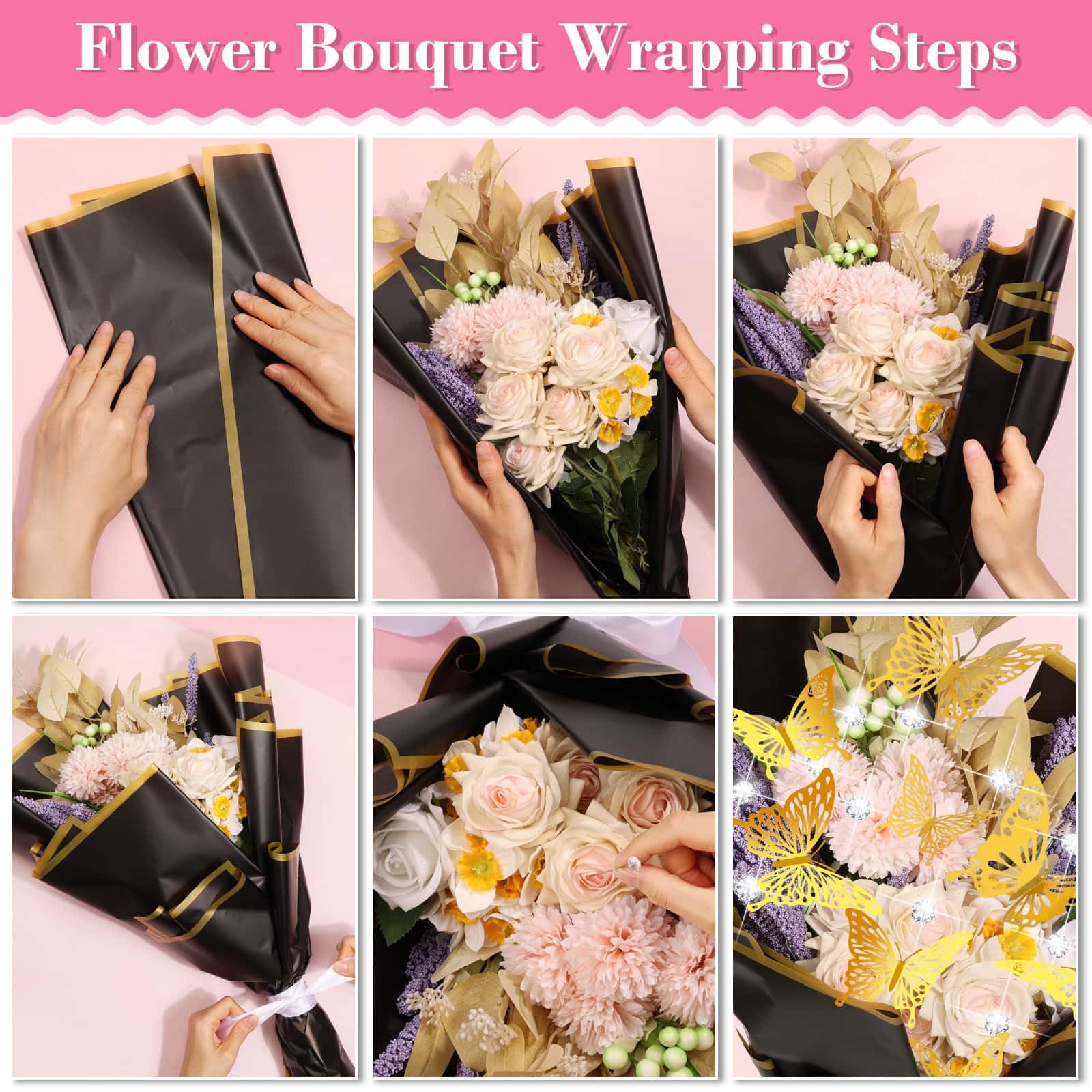 235Pcs Floral Wrapping Paper Set for Bouquets - Includes 20 Black Flower Wrapping Sheets, Butterflies, Rhinestone Pins, Ribbons & Wooden Sticks - Perfect for DIY Money Bouquets, Gift Wrapping & Wedding Decorations
