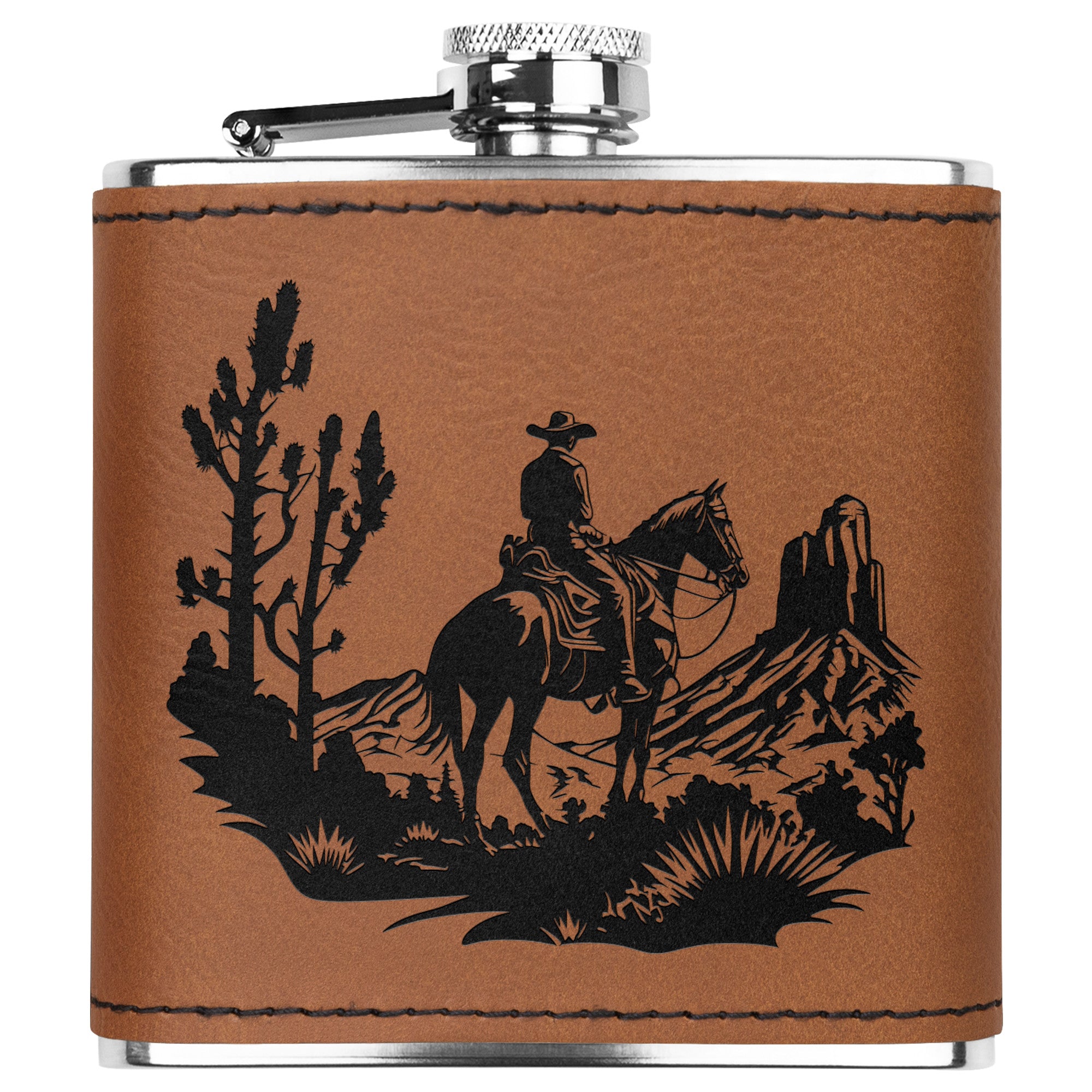 Premium Cowboy Desert Leather Flask - Engraved Metal Hip Flask for Whiskey, Bourbon & Liquor - Perfect for Outdoor Adventures, Camping & Gifts