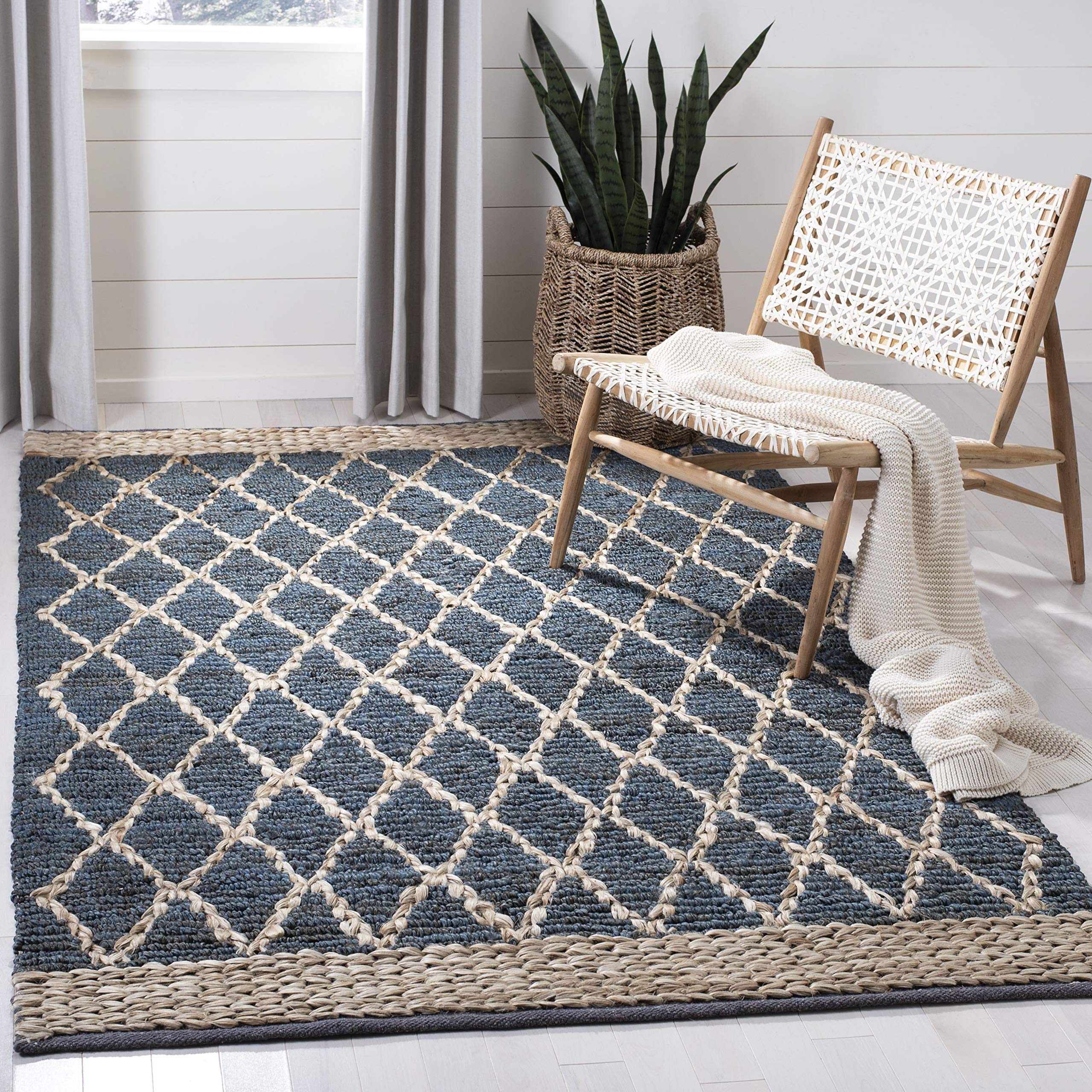 SAFAVIEH Handmade Moroccan Trellis Jute Area Rug 8' x 10' - Blue Boho Natural Fiber Rug for Living Room & Bedroom | Durable High Traffic Floor Covering | Eco-Friendly Home Decor for Bohemian & Coastal Style Interiors
