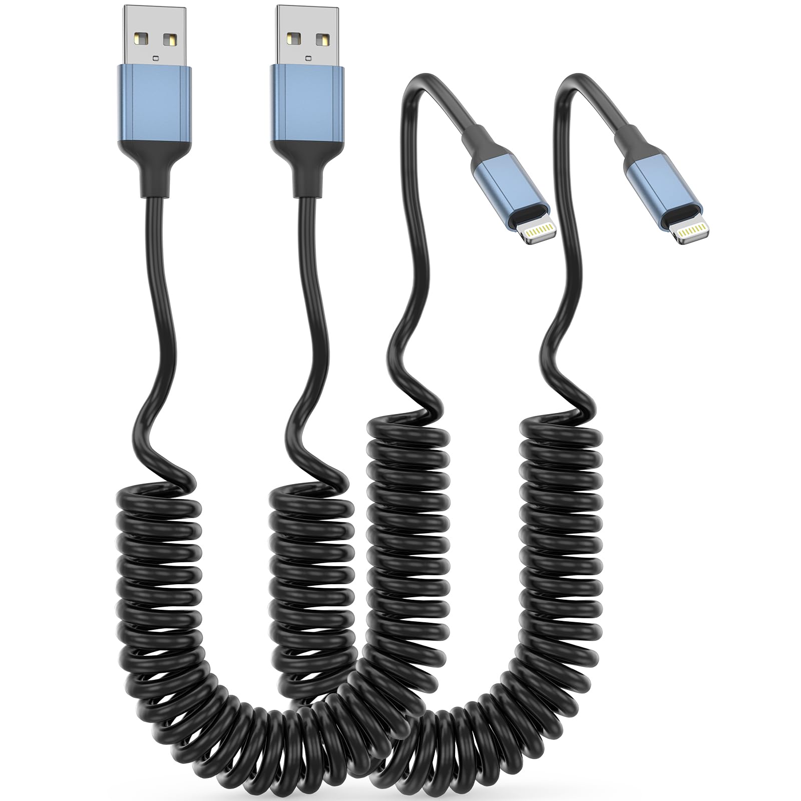 MFi Certified 2-Pack Retractable Coiled Lightning Cable for Car - 3FT USB to Lightning Charger Cord Compatible with iPhone 14/13/12/11/8/7/Plus/6S, iPad & iPod - Perfect for Apple CarPlay & Safe Driving Charging