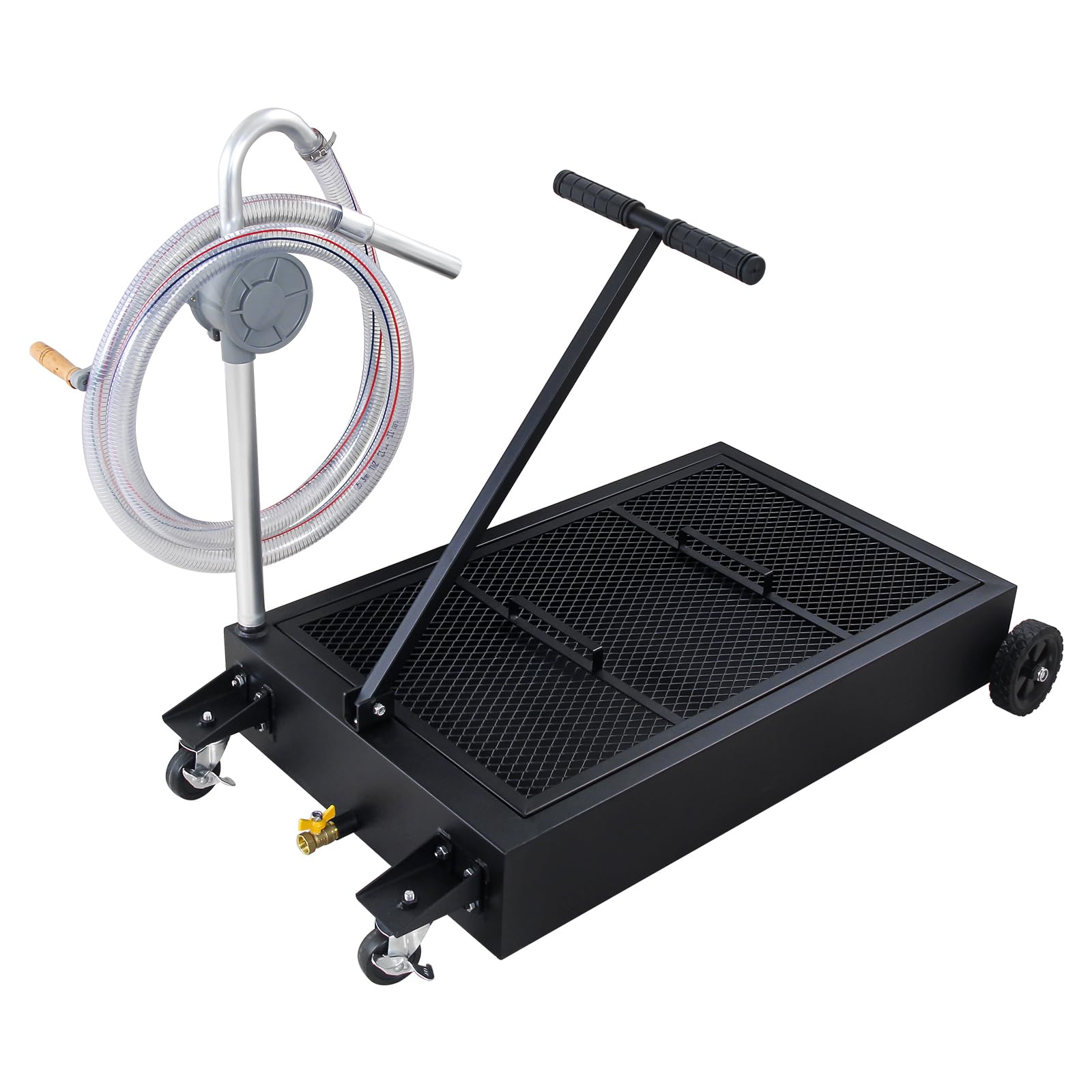 25 Gallon Low Profile Oil Drain Pan with Hand Pump, Hose & Swivel Casters - Large Capacity Oil Change Tank for Cars, SUVs, Trucks - Foldable Handle for Easy Storage - Perfect for DIY Garage Maintenance & Professional Auto Repair (Black)
