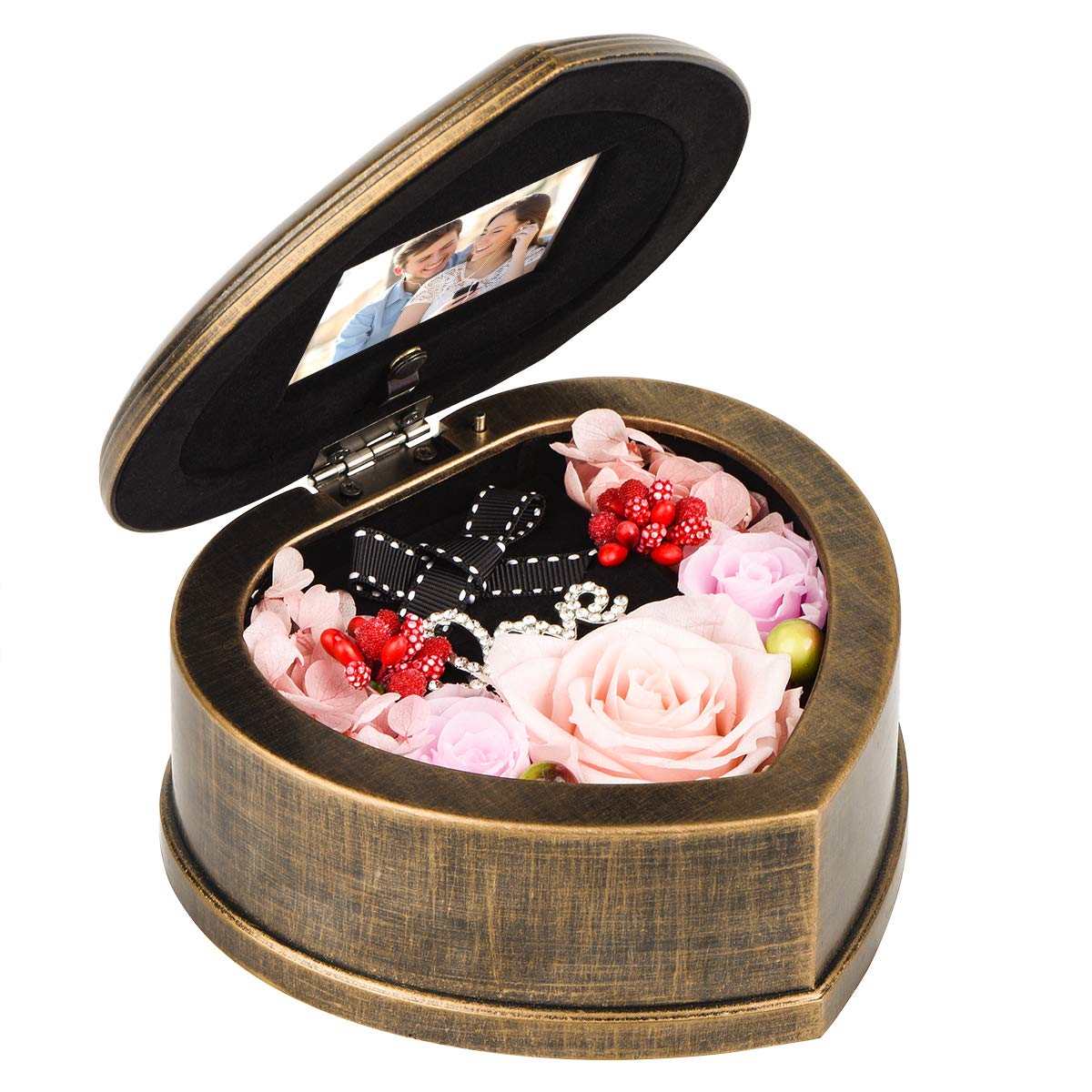 Neaticoo Handmade Preserved Pink Roses in Musical Photo Frame Box - 3 Real Touch Roses, Eternal Floral Gift for Women, Wife, Mother's Day, Birthday & Anniversary Present - Perfect for Home Decor, Wedding Centerpiece & Romantic Surprises