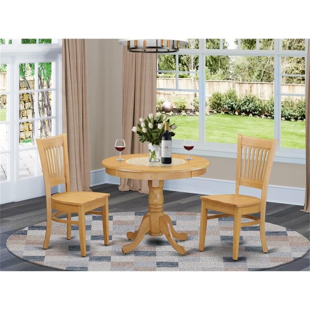 East West Furniture ANVA3-OAK-W 3 Piece Round Dining Table Set with Pedestal Base & 2 Chairs for Small Spaces - 36x36 Inch Oak Kitchen Table - Perfect for Apartments, Breakfast Nooks & Cozy Dining Areas