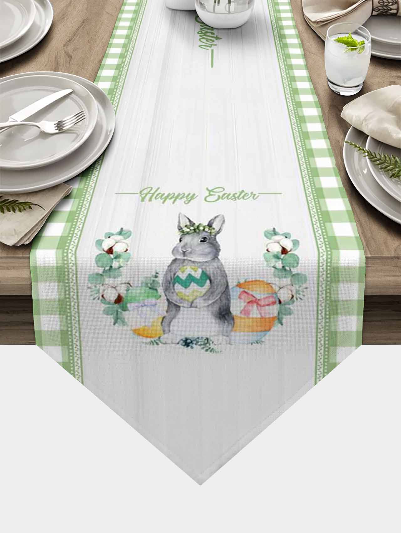 Easter Table Runner - 13x90 Inch Green Buffalo Plaid Decorative Runner with Bunny & Easter Egg Design for Spring Dinner Table, Kitchen, Dining Room - Perfect for Easter Party, Holiday Decor & Home Celebration