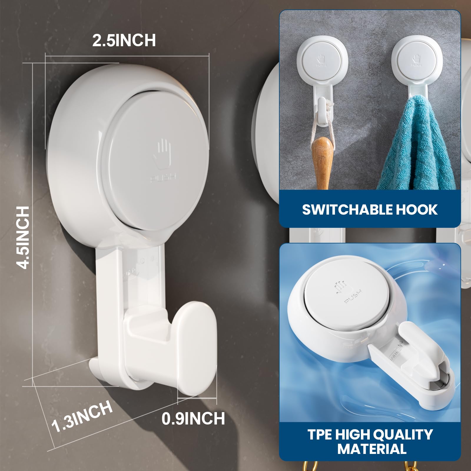TAILI Damage-Free Suction Towel Hooks for Bathroom & Shower - 4 Pack White Vacuum Suction Cup Hooks for Towels, Loofahs & Clothes - Easy Install/Remove - Perfect for Bathroom Organization & Space Saving