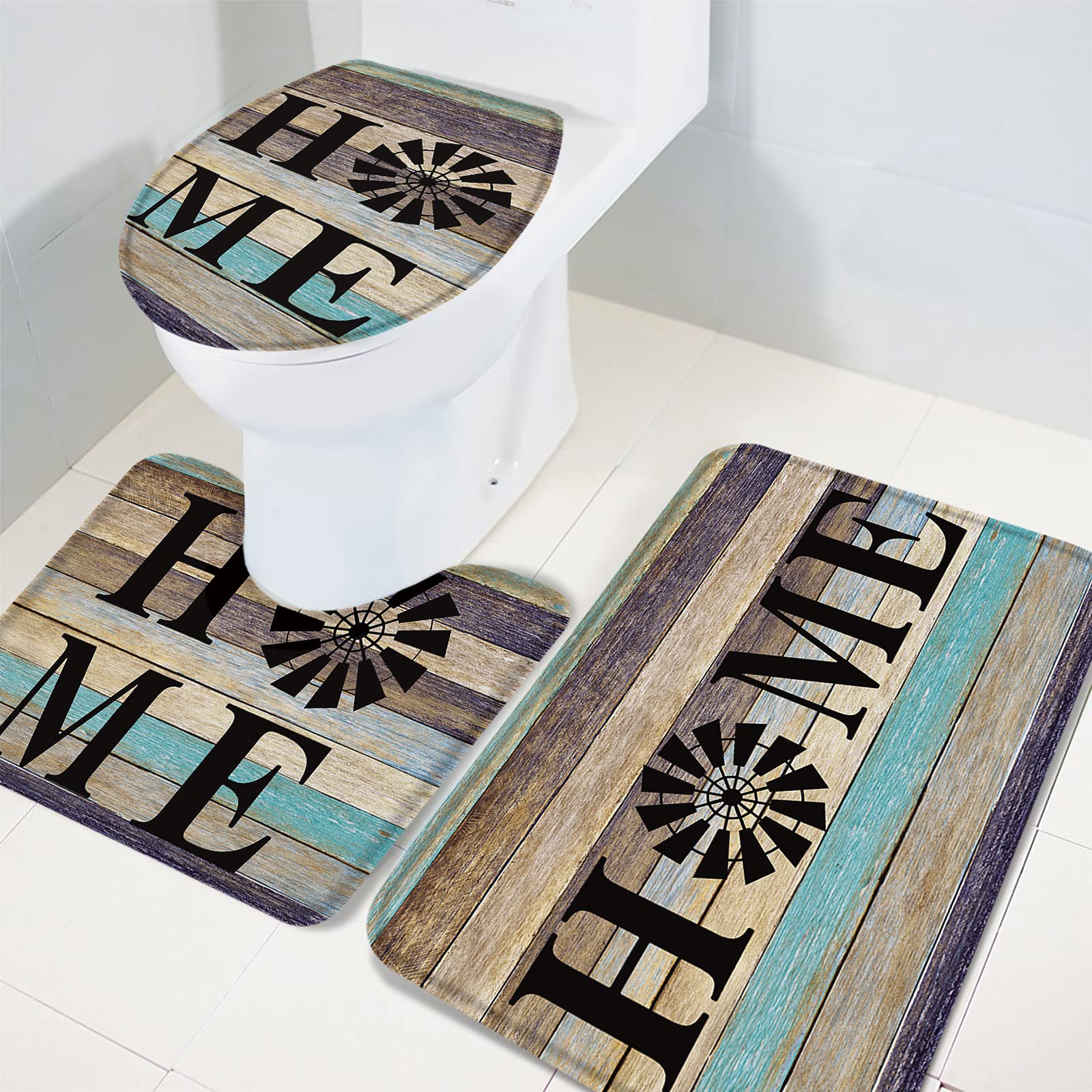 3-Piece Non-Slip Bathroom Rug Set with Windmill Farm Design - Absorbent Shower Mat, Contour Mat & Toilet Cover - Soft Wooden Plank Texture Bath Mats for Cozy Farmhouse Style Bathrooms