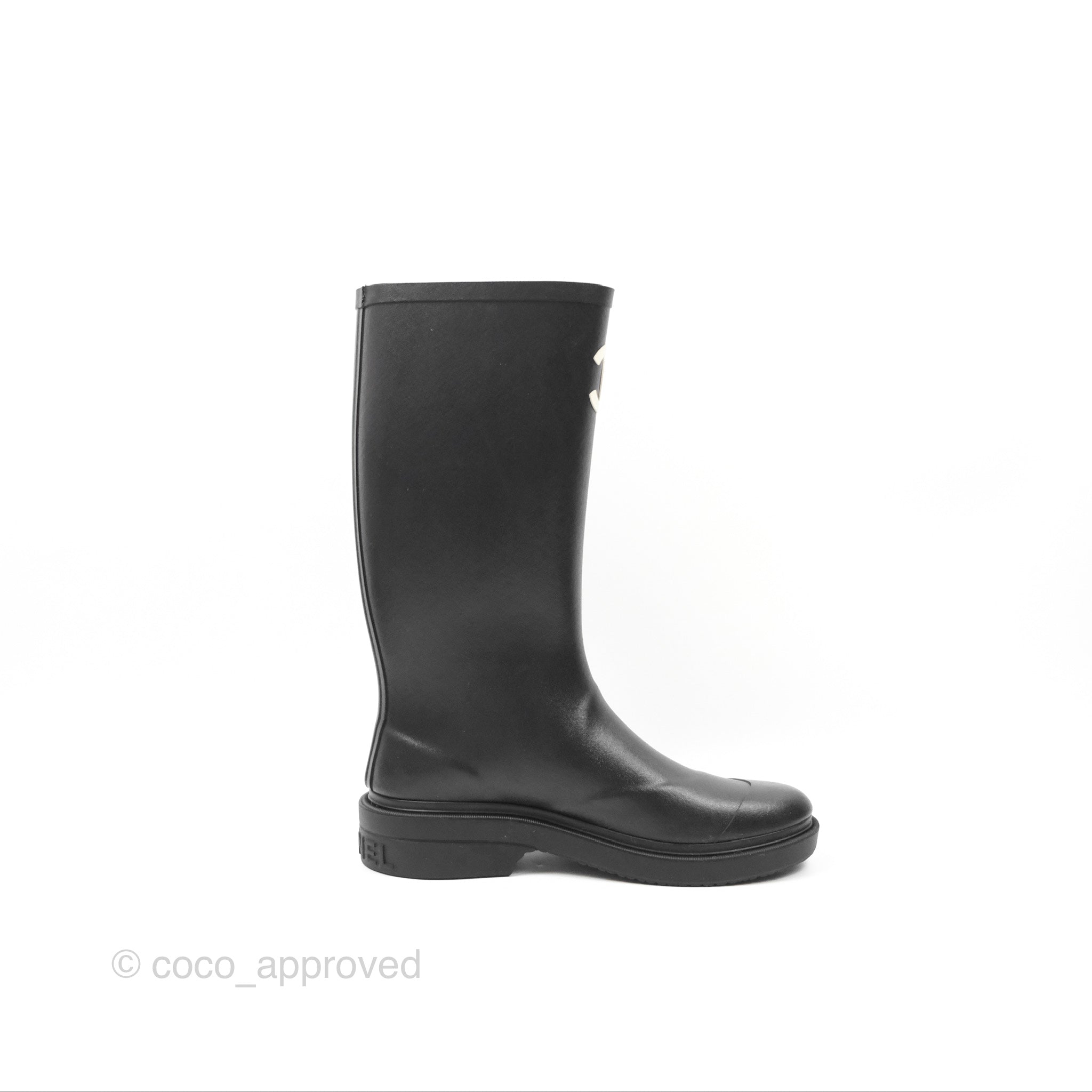 Chanel CC Logo Black Rubber Rain Boots Women's Size 37 - Waterproof Fashion Booties for Rainy Days & Outdoor Adventures