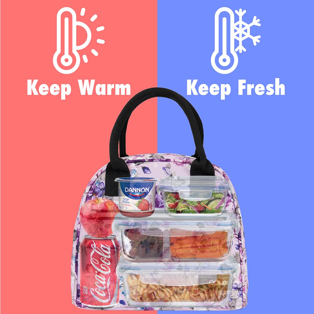 Opux Insulated Lunch Box for Women & Girls - Cute Soft Thermal Lunch Bag for Work, School, Beach & Travel - Reusable Food Cooler Container for Kids, Teens & Adults - Floral Purple Meal Prep Organizer - Perfect for Office, Picnics & Outdoor Activities