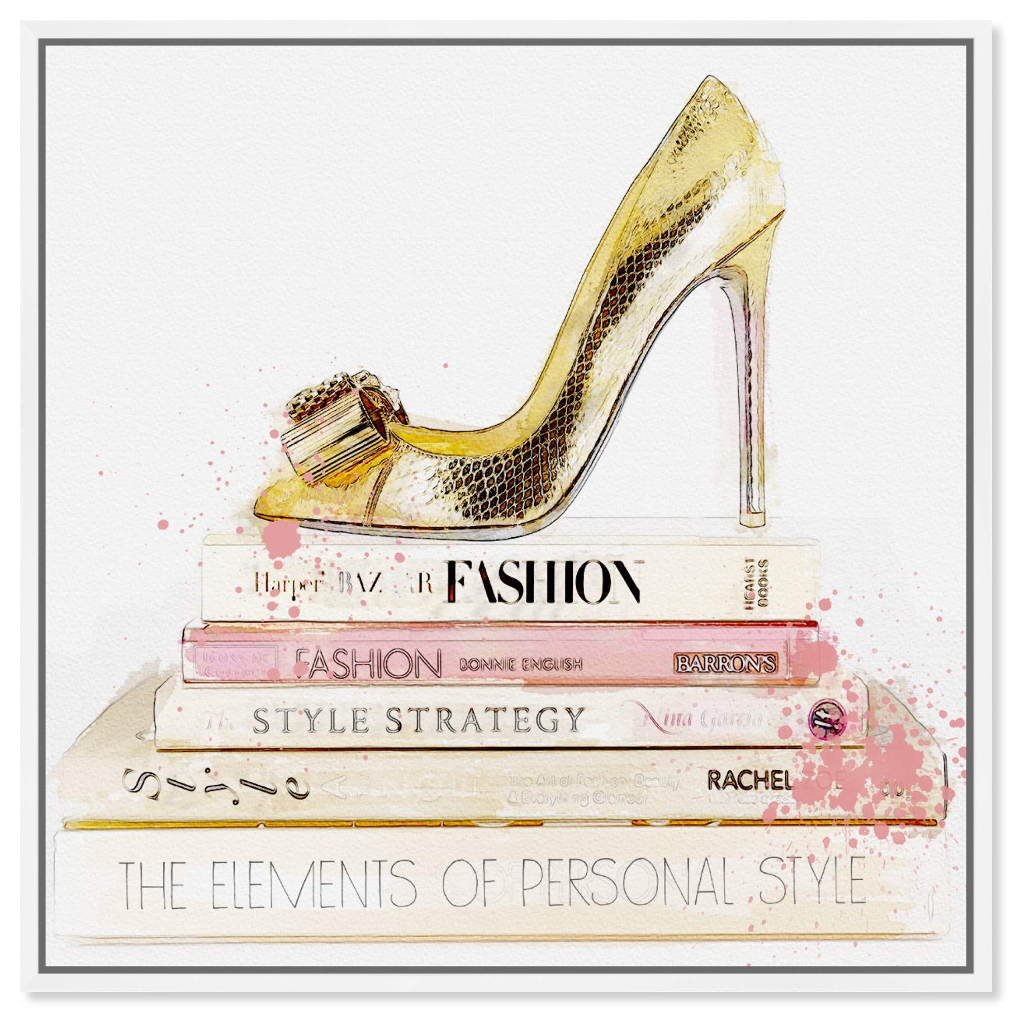 Oliver Gal Artist Co. Fashion & Glam Framed Wall Art Canvas Prints - Shoe & Blush Books Home Décor - 30x30 Inches Gold & White - Perfect for Living Room, Bedroom & Office Decor
