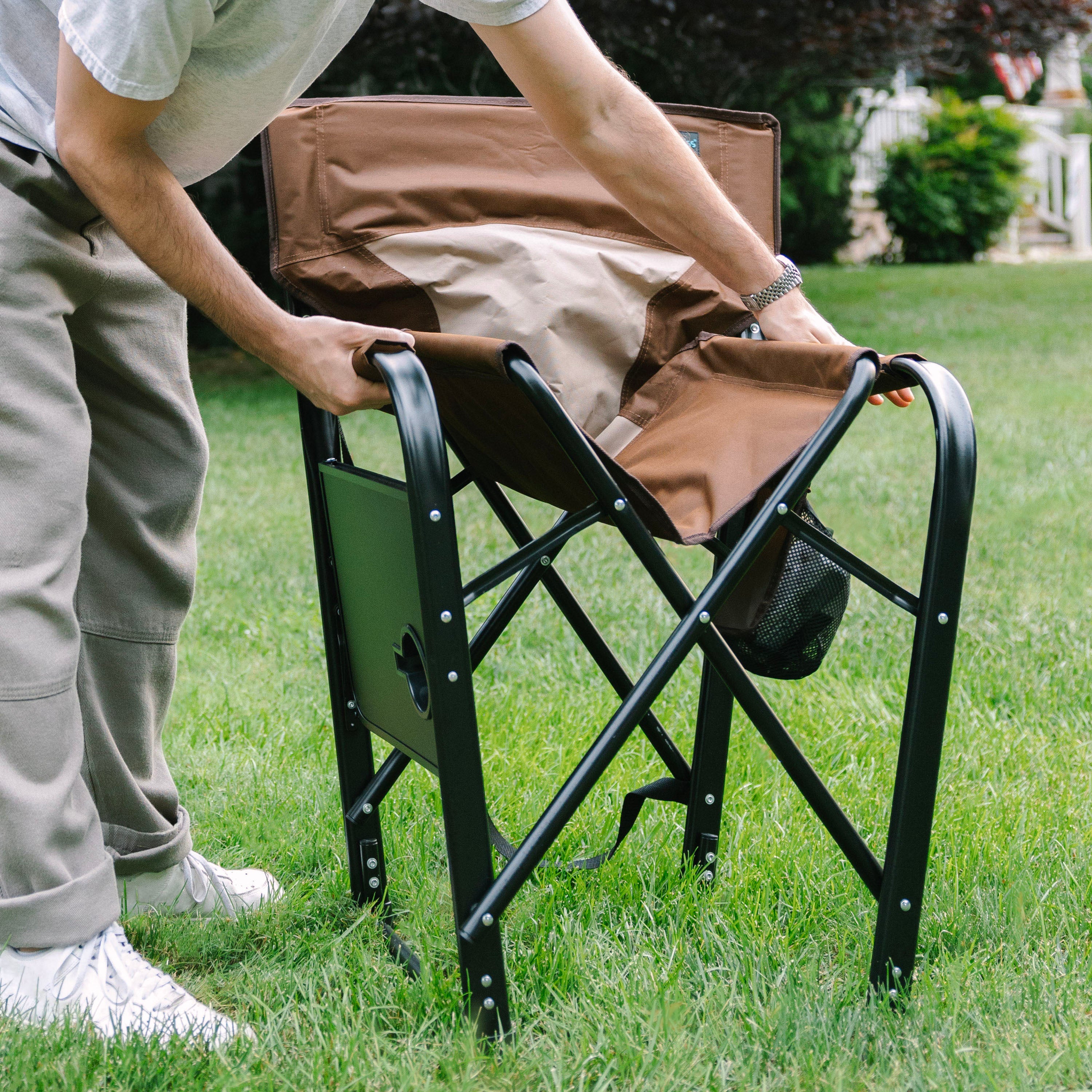 Bliss Hammocks 24VH BRN 24 Volt Heated Directors Chair with 3 Temperature Settings | 21 Inch Wide Seat | Includes 2.0Ah Battery & Charger | Perfect for Outdoor Camping, Hunting & Fishing Trips