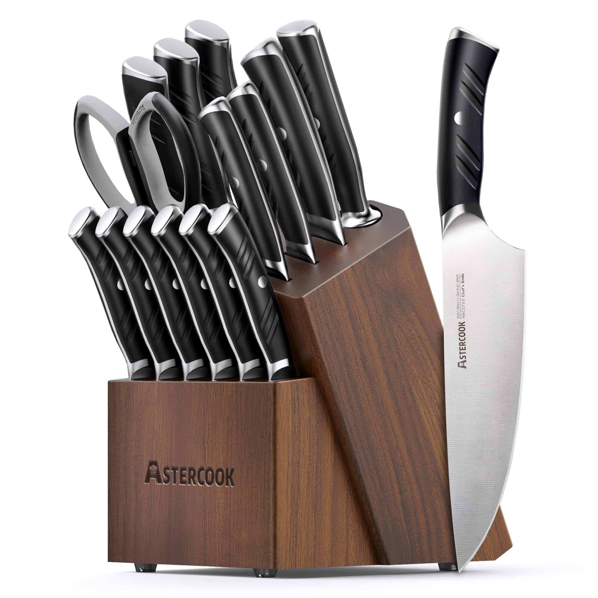 Astercook 15-Piece German Steel Kitchen Knife Set - 1.4116 Stainless Steel, Rust Proof, Full Tang Knives with Ergonomic Nylon Handle, Dishwasher Safe - Perfect for Home Chefs, Cooking Enthusiasts & Professional Kitchens