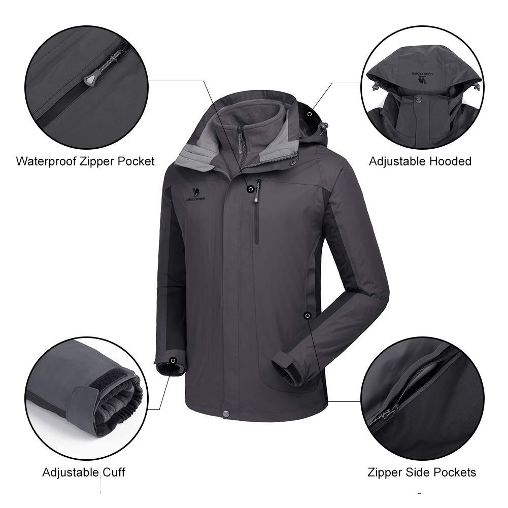 CAMEL CROWN Men's 3-in-1 Waterproof Ski Jacket - Windproof Winter Coat with Detachable Fleece Liner & Hood - Perfect for Skiing, Snowboarding & Cold Weather Outdoor Activities