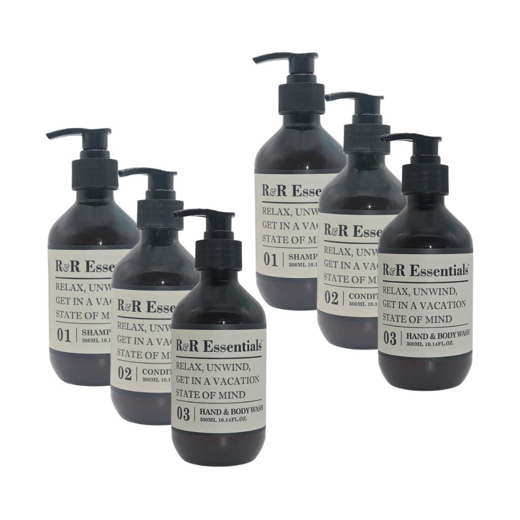 R&R Essentials Refillable Guest Toiletries Kit - 6 Pack 10.14 oz Bottles for Hotels, Travel & Airbnb Hospitality