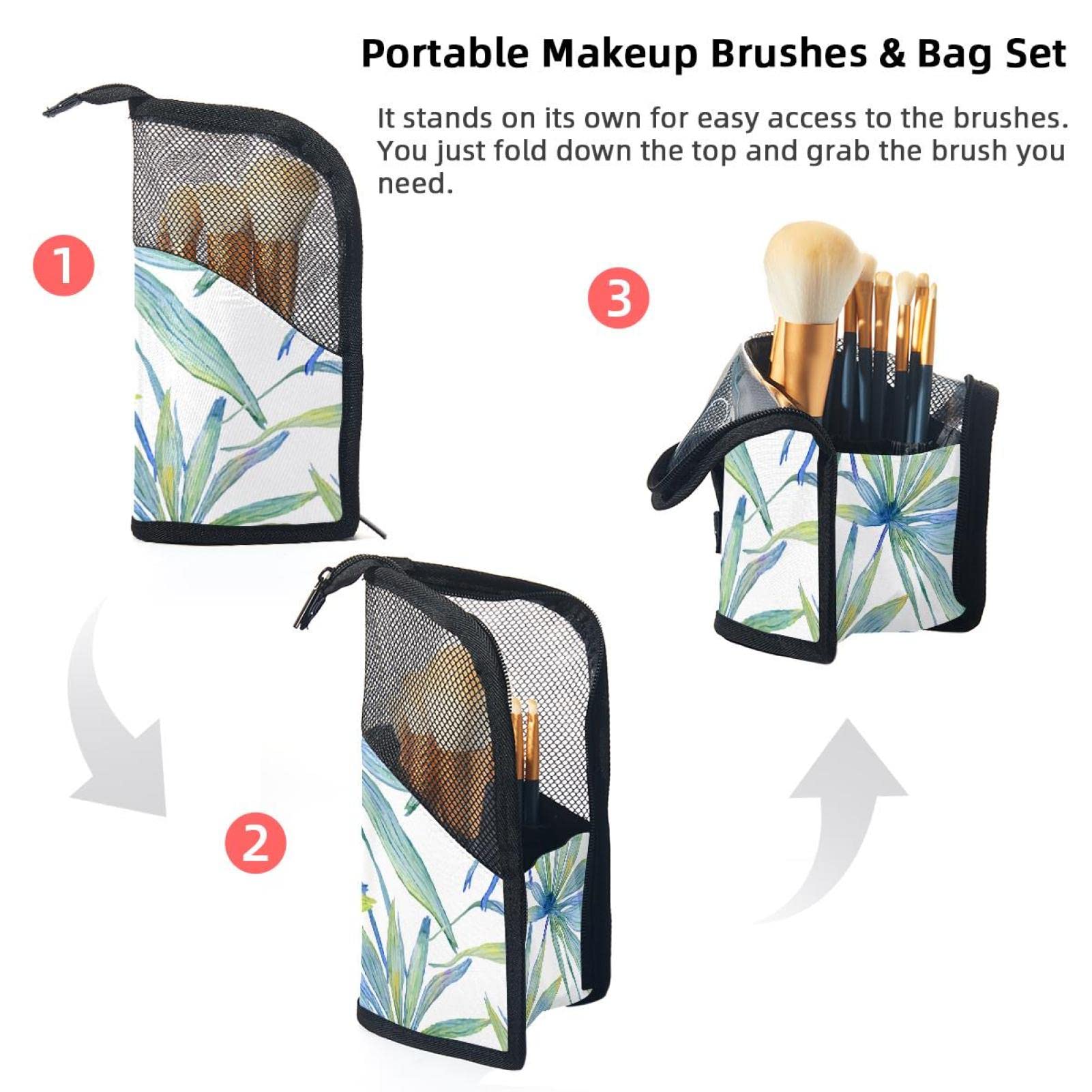 12-Piece Makeup Brush Organizer Bag with Watercolor Palm Leaves Design - Portable Travel Cosmetic Brush Holder Case for Home, Salon & On-The-Go Use