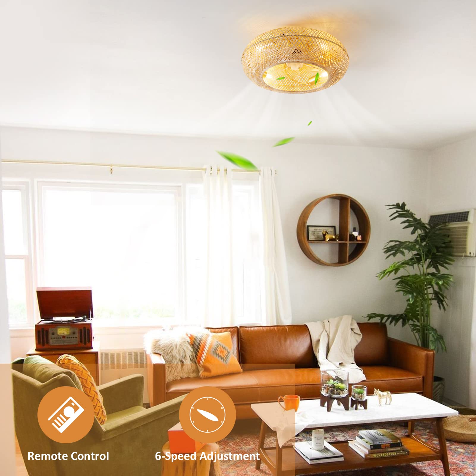 Boho Rattan Ceiling Fan with Lights and Remote Control - 20
