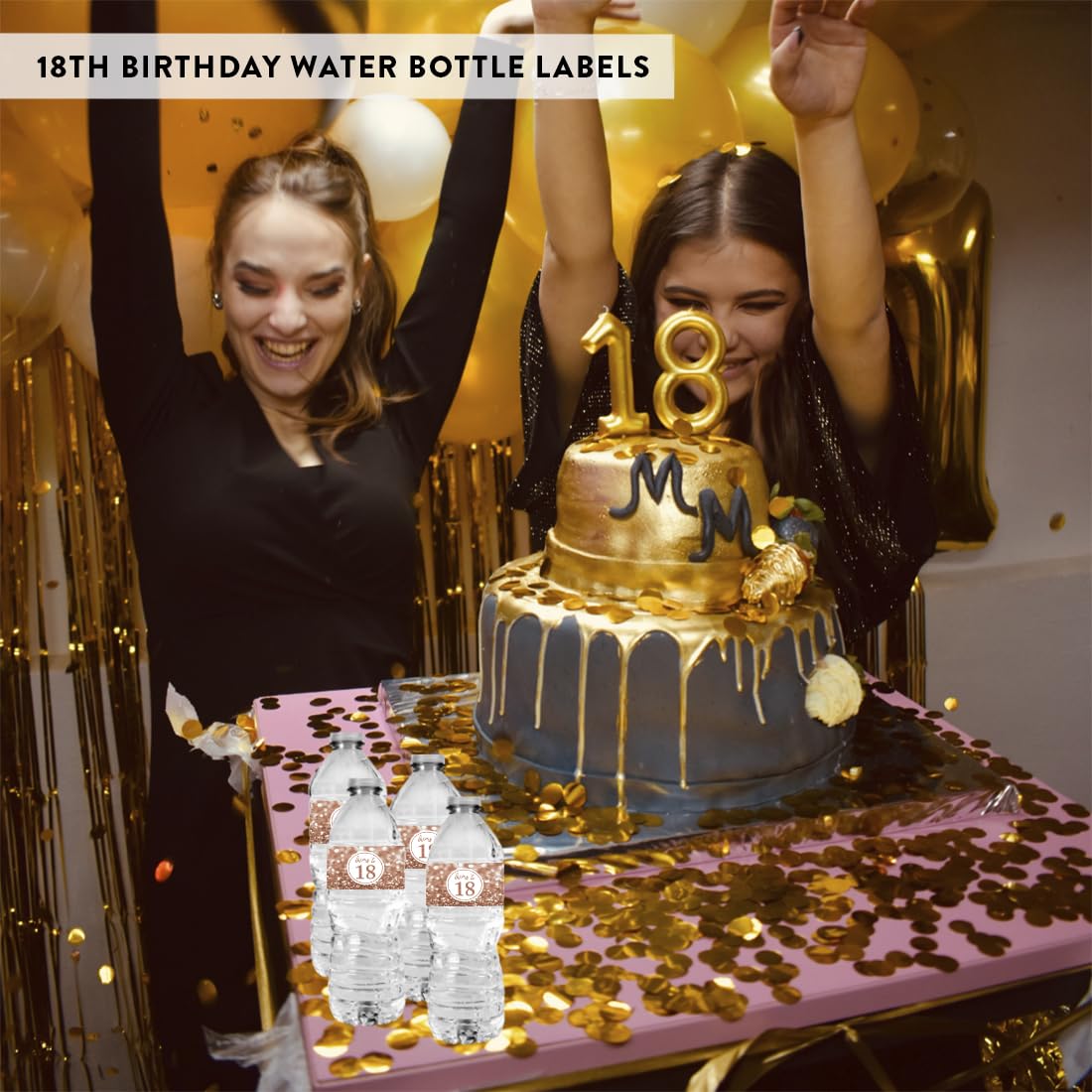 Glitzy Rose Gold Faux Glitter Water Bottle Labels - 20-Pack for 18th Birthday Party Decorations, Anniversary Favors & Women's Celebrations | Perfect for Birthday Parties, Bridal Showers & Special Events