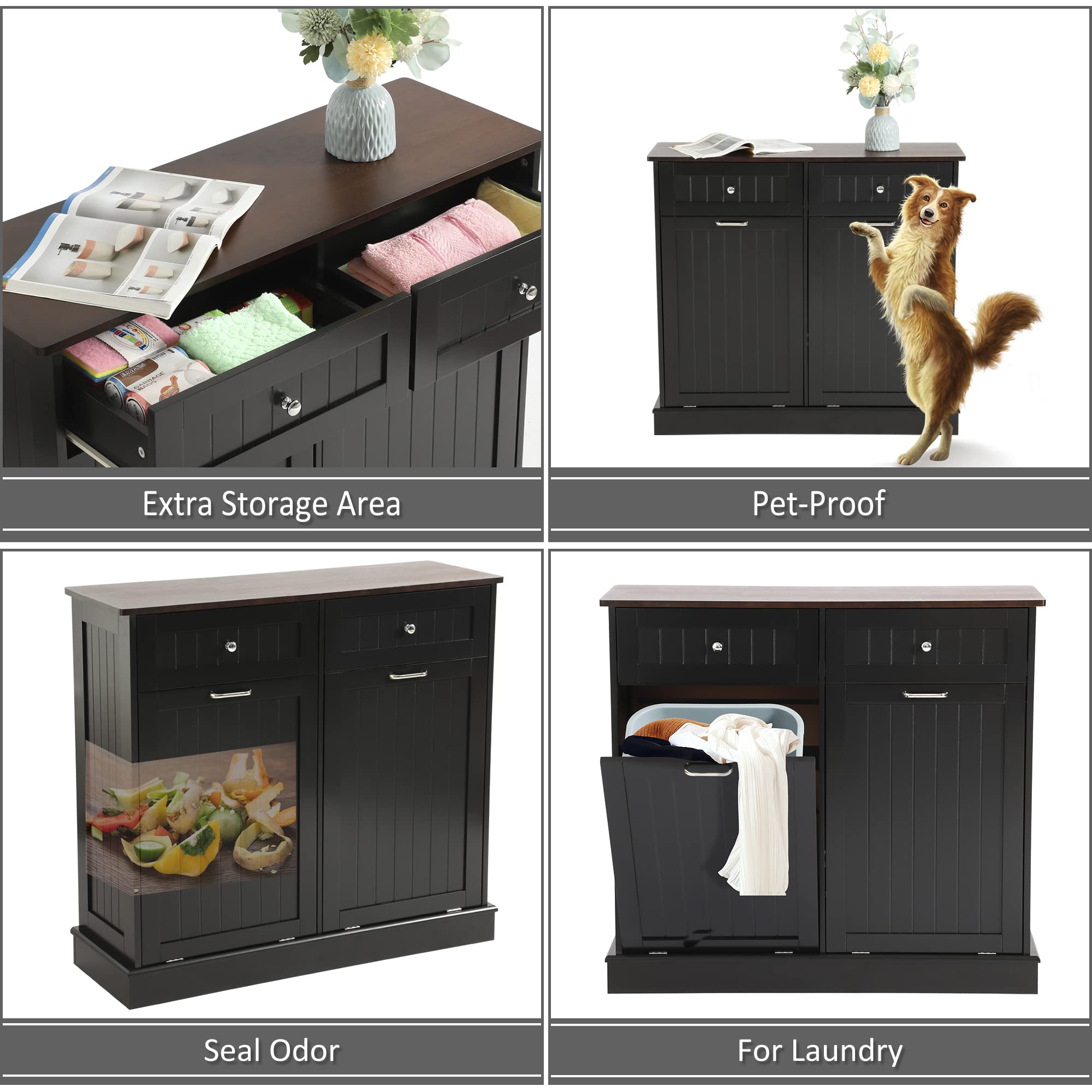 KIGOTY Double Tilt Out Trash Cabinet - Pet Proof Kitchen Trash Can with Countertop & Drawer Storage - Wooden Laundry Hamper Organizer for Kitchen, Bathroom, Laundry Room - Black (Perfect for Small Spaces & Pet Owners)