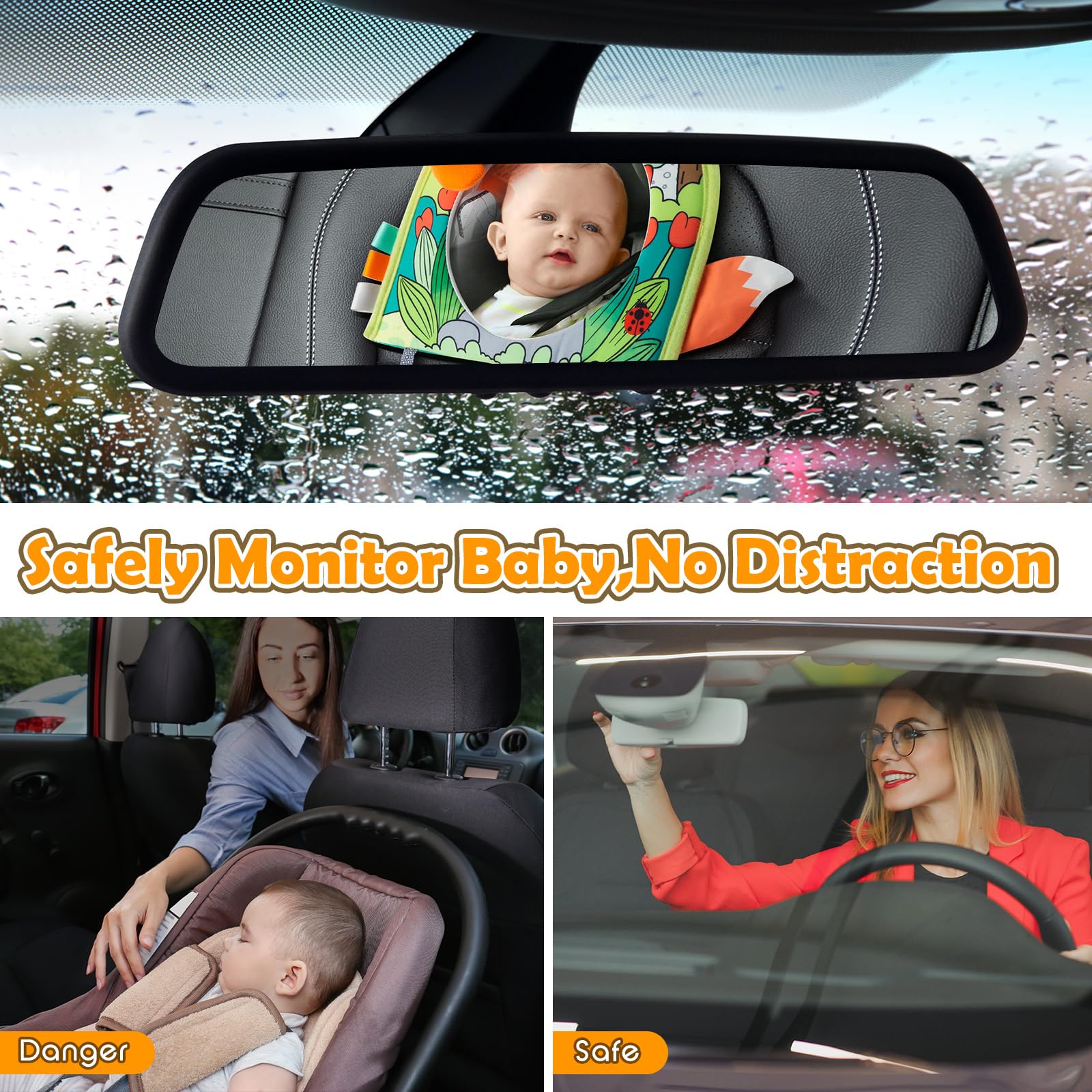 Baby Car Mirror with Hanging Toys - Rear Facing Car Seat Mirror for Infants 0-18 Months | Safe Travel Activity Center for Boys & Girls | Perfect for Road Trips & Long Drives