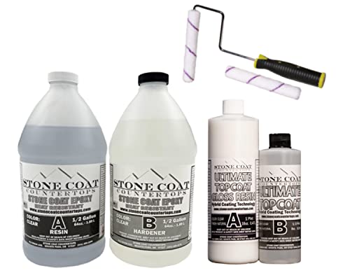 Ultimate Top Coat & 1 Gallon Stone Coat Countertops Epoxy Resin Kit with Microfiber Paint Roller – Complete DIY Countertop Epoxy Kit (Glossy Finish) for Kitchen Remodel, Bar Tops, Table Refinishing