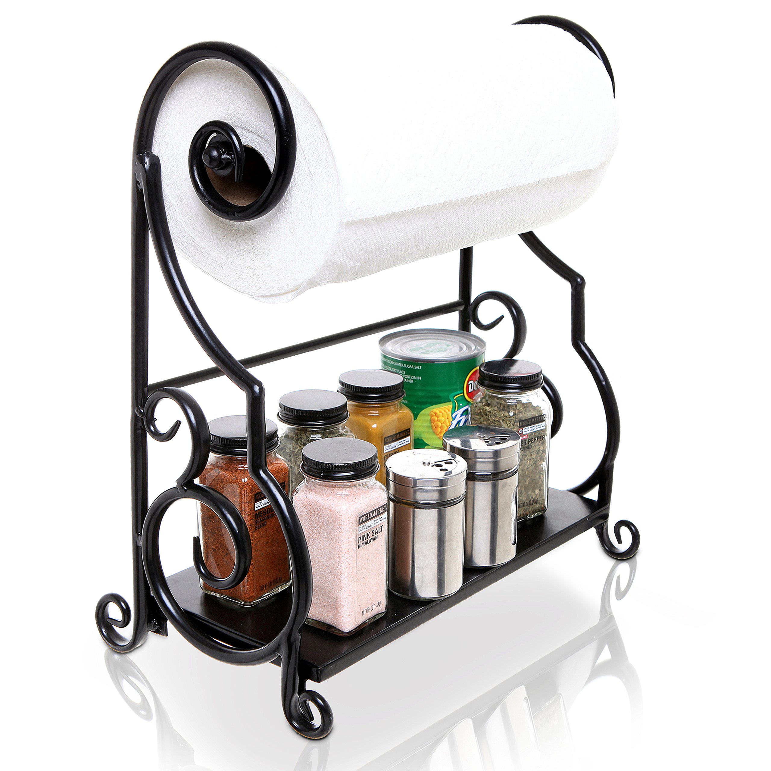 MyGift Black Metal Paper Towel Holder Stand with Decorative Scrollwork - Kitchen Countertop Organizer for Paper Towels & Condiments - Perfect for Home, Office, or Restaurant Use