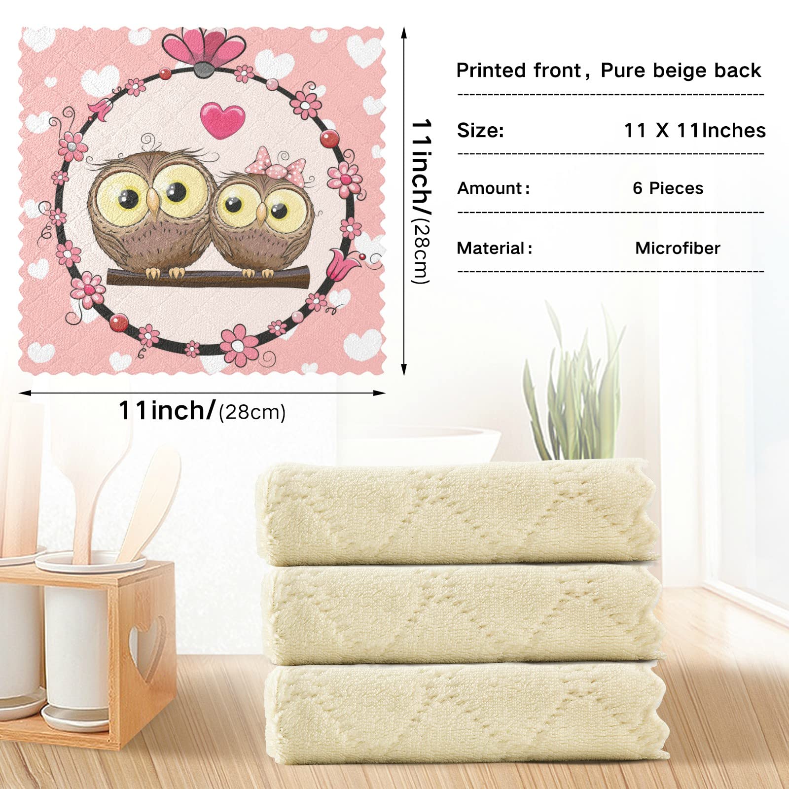 Premium Mother's Day Pink Owl Kitchen Dish Towels - Super Absorbent, Washable & Fast Drying - 6 Pack Cute Heart Design Reusable Cleaning Cloths (11x11 Inches) - Perfect for Gifts, Dish Drying, and Kitchen Decor