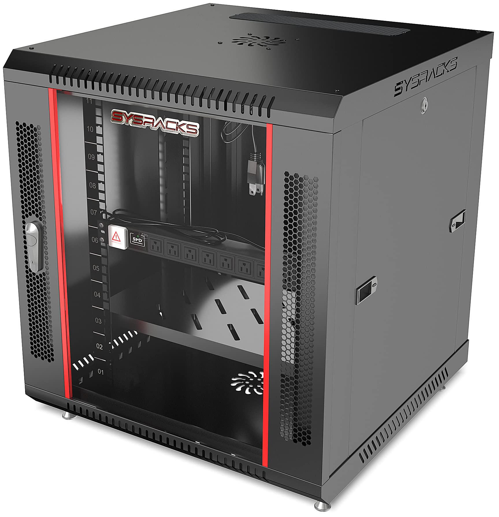 12U Wall Mount Server Rack Cabinet - Secure Network & AV Equipment Enclosure with Locking Doors, Adjustable Legs, Power Strip, Shelves & Cooling Fan - 24-Inch Depth (Black) - Ideal for Data Centers, Home Studios & Office Network Setups