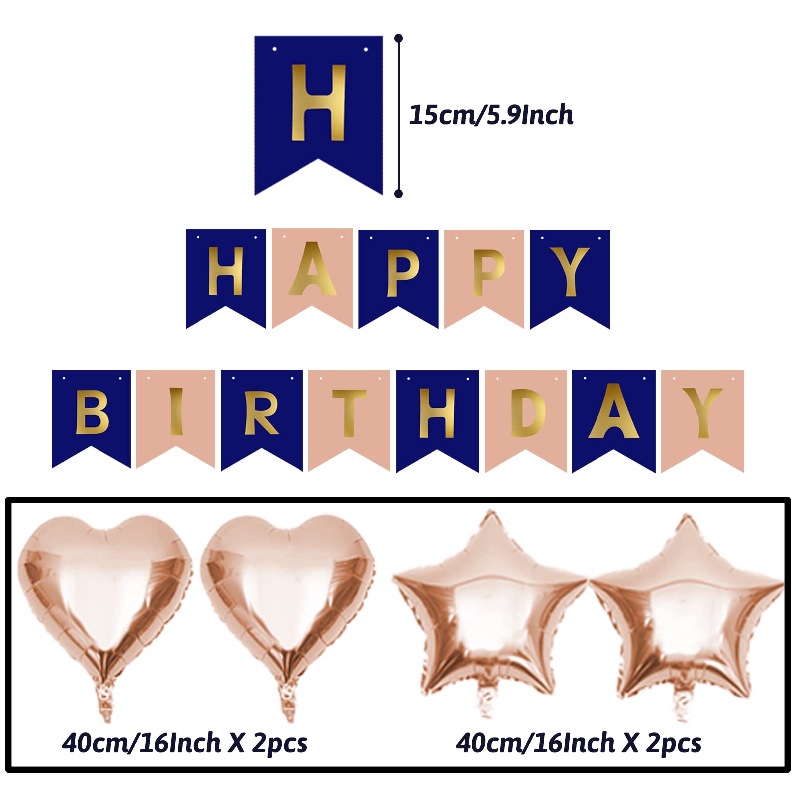 Navy Blue & Rose Gold Birthday Decorations Set - Happy Birthday Banner, Paper Pompoms & Balloons for Women, Men, Boys & Girls | Perfect for Birthday Parties, Baby Showers & Anniversary Celebrations