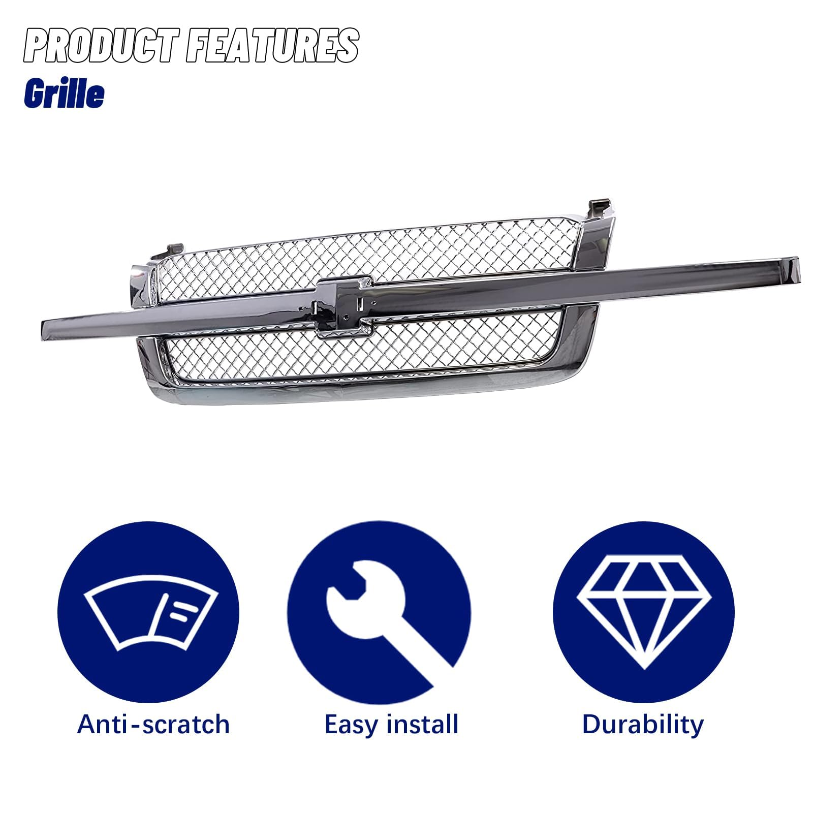 Chrome Front Grille Compatible with 2003-2007 Chevy Silverado 1500/1500HD/2500/2500HD/3500 Classic - GM1200514 | Upgrade Your Truck's Style for Off-Road & Show Car Events