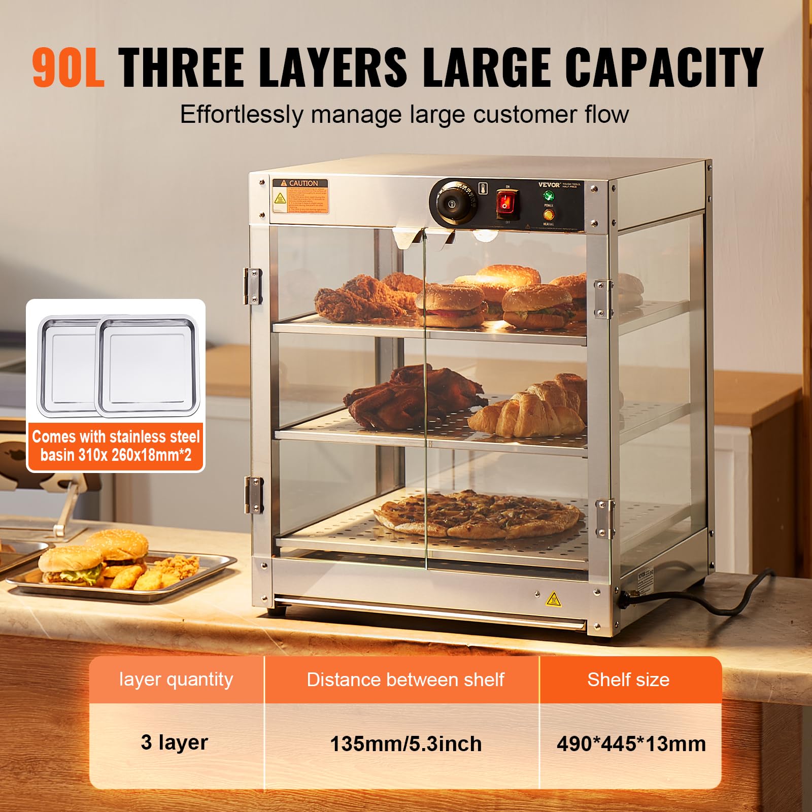VEVOR 3-Tier Commercial Food Warmer Display - 800W Heated Buffet Server with LED Lights & 86°F~185°F Adjustable Temperature - 90L Large Capacity for Burgers, Pizza, Bread & Fried Chicken - Perfect for Restaurants, Cafes & Catering Events