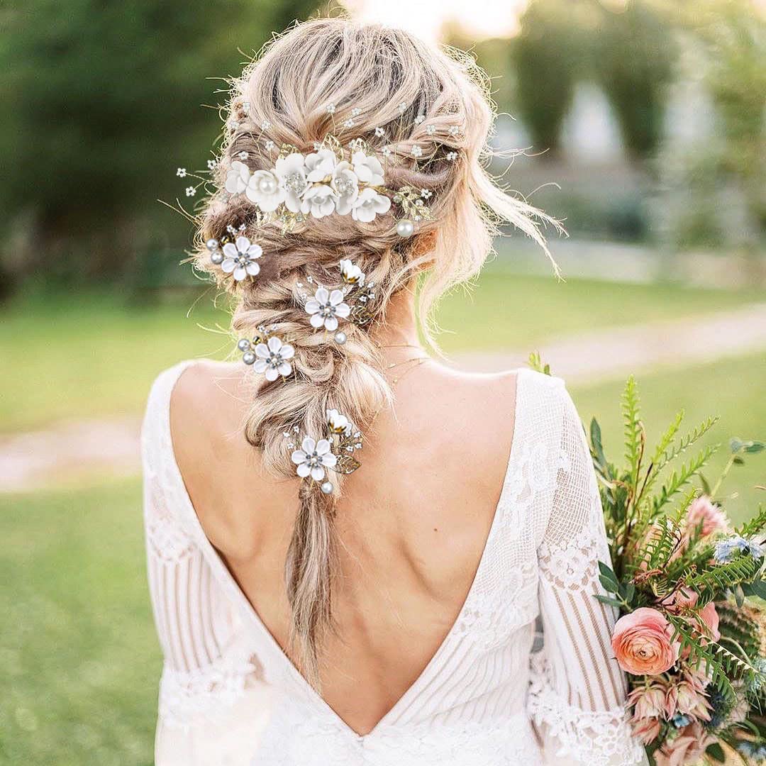 5 PCS Gold Crystal Pearl Wedding Hair Pins - Rhinestone Bridal Hair Clips Headpiece for Brides, Bridesmaids, Women & Girls - Perfect for Updos, Weddings, Prom & Special Occasions (Pure White Flower)
