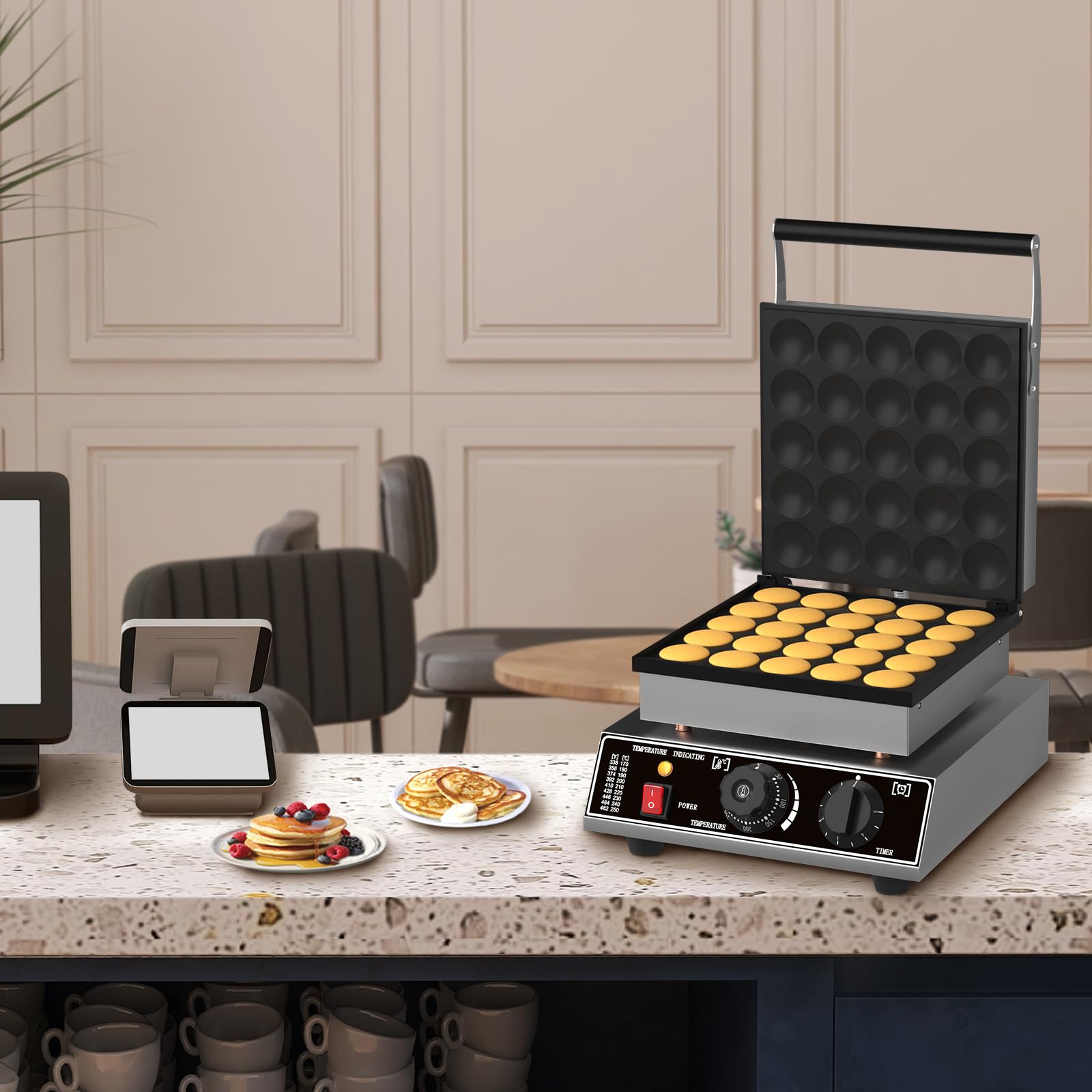 25 PCS Mini Pancakes Maker Machine - 110V Electric Dutch Pancake Maker, 1750W Commercial Nonstick Waffle Iron for Home, Restaurants & Breakfast Cafes - Perfect for Quick Breakfast, Brunch Buffets & Catering Events
