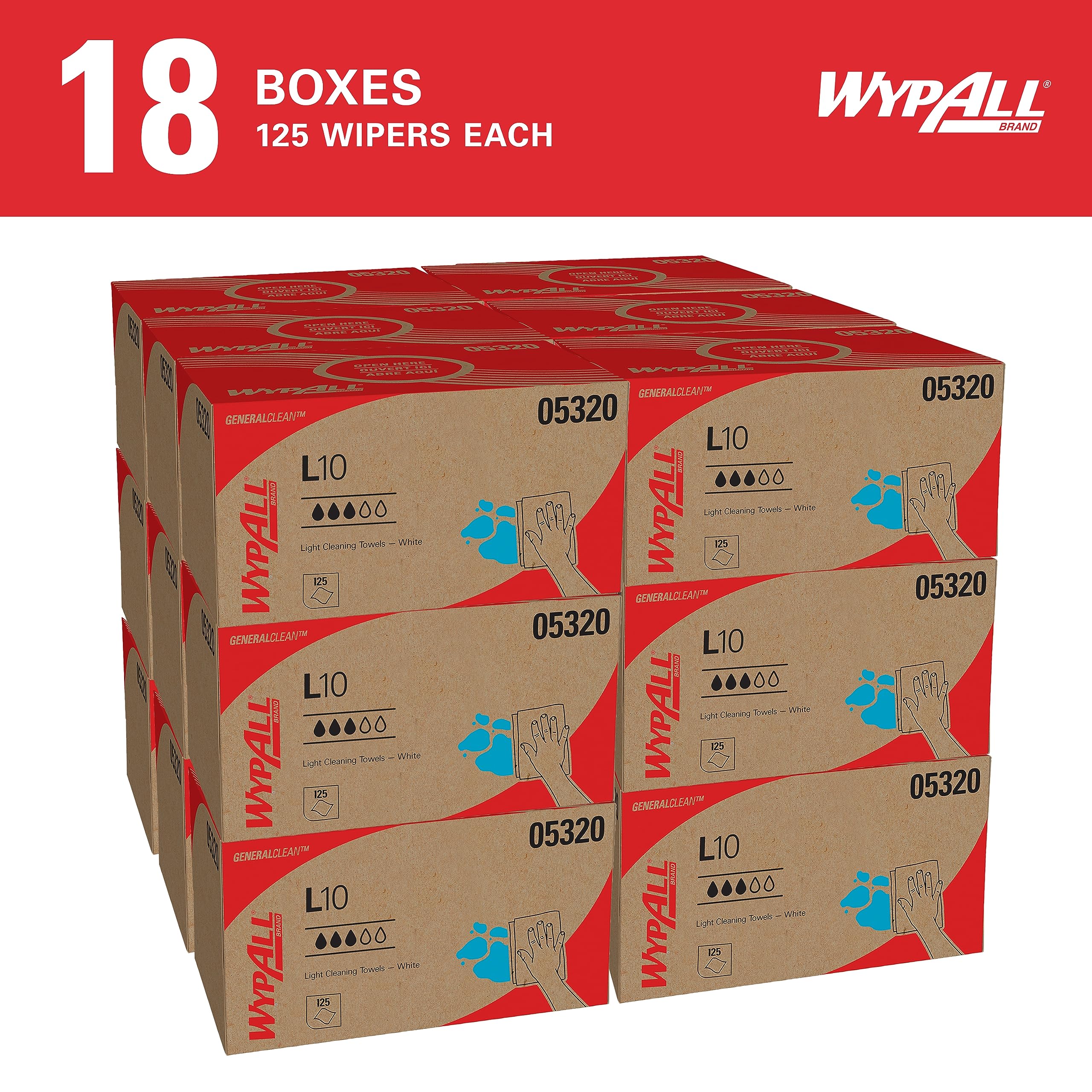 WypAll GeneralClean L10 Light Duty Cleaning Wipes (05320) - 18 Packs of 125 Sheets (2,250 Total), White, Pop-Up Dispenser Box | Ideal for Office, Kitchen & Light Surface Cleaning