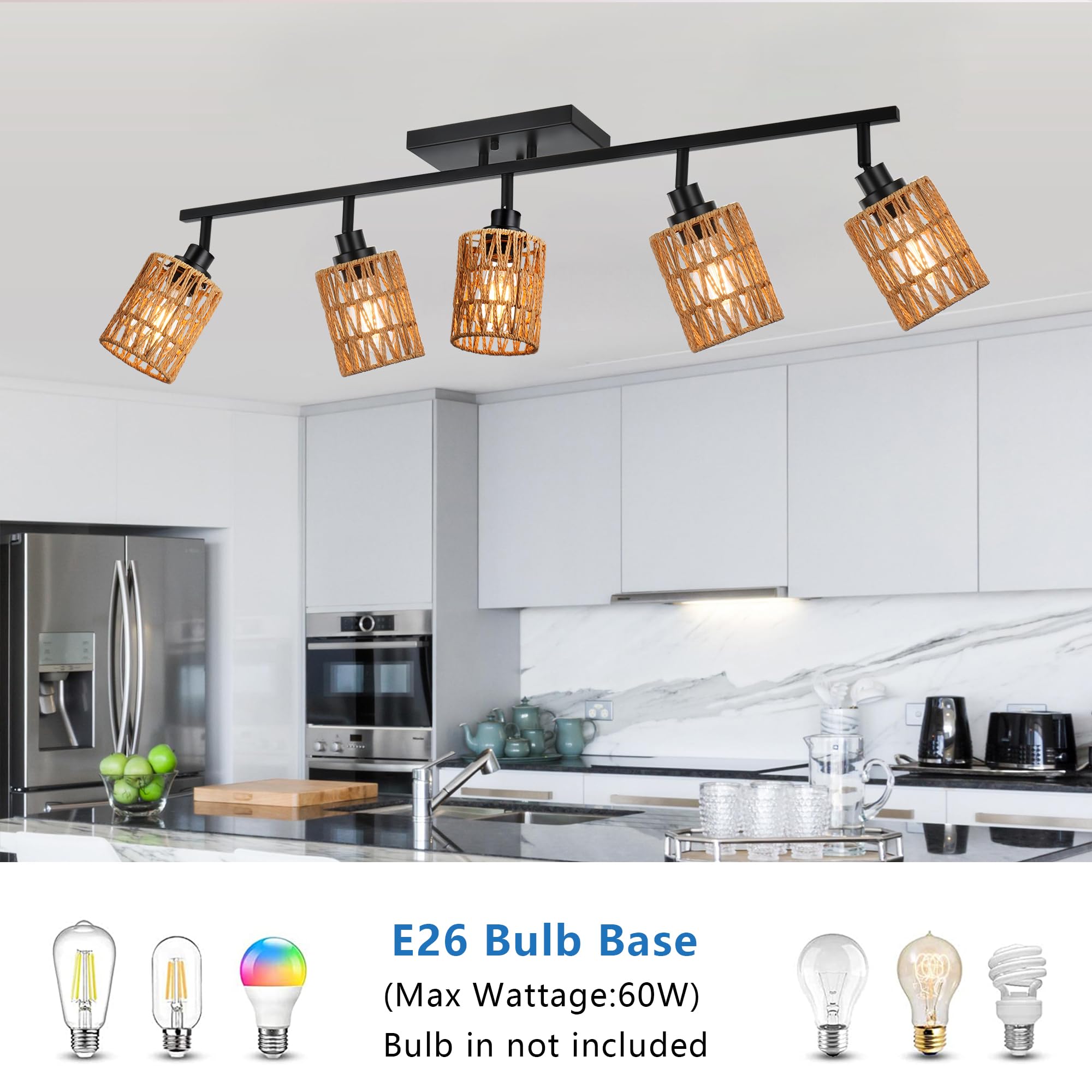 MELUCEE 5-Light Black Track Ceiling Light Fixture with Rattan Shade - Farmhouse Vanity Lighting for Bathroom, Hallway, Porch & Foyer - Adjustable Rotatable Spotlight Heads for Perfect Ambience