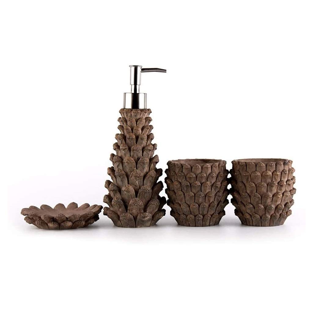 IAOHUO 4-Piece Resin Soap Dispenser Set - Realistic Pine Cone Design Liquid Soap & Lotion Dispenser (220ml) with Soap Dish - Elegant Bathroom Accessories for Home, Hotel, Spa & Guest Bath Decor