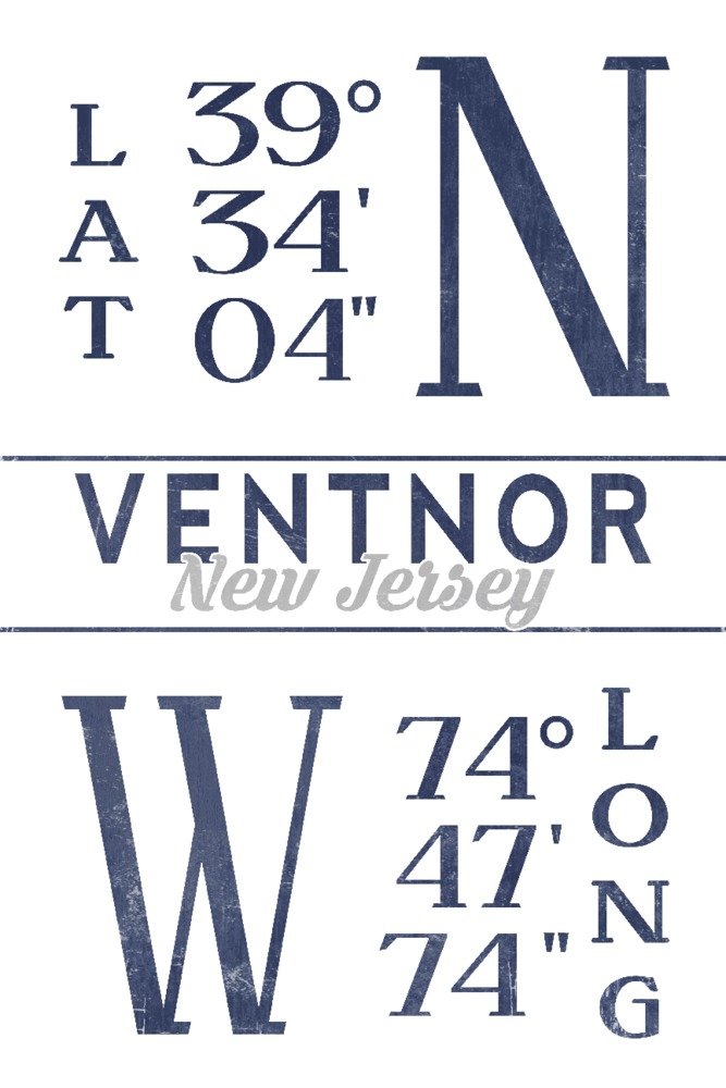 Ventnor New Jersey Latitude Longitude Blue 24x36 Signed Art Print - Coastal Wall Decor for Beach House, Office & Living Room