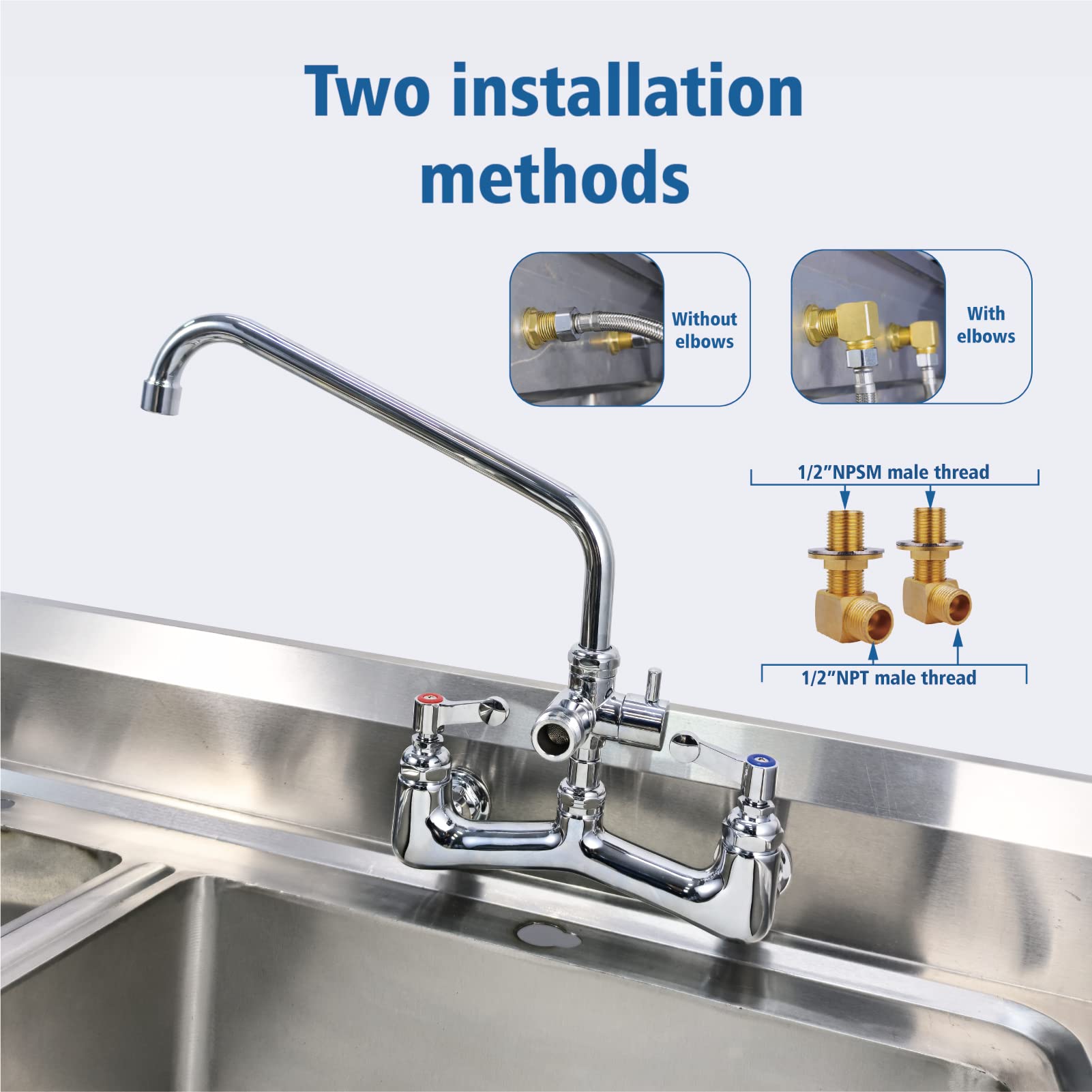 Commercial Sink Faucet Wall Mount 8 Inch Adjustable Center with 3/4'' Garden Hose End - Heavy Duty Stainless Steel Restaurant Kitchen Faucet with 12
