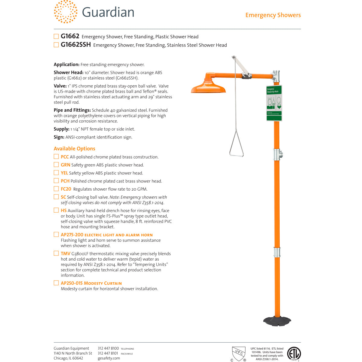 Guardian G1662 Free Standing Emergency Drench Shower with Plastic Head - ANSI Compliant Safety Equipment for Laboratories & Industrial Workplaces