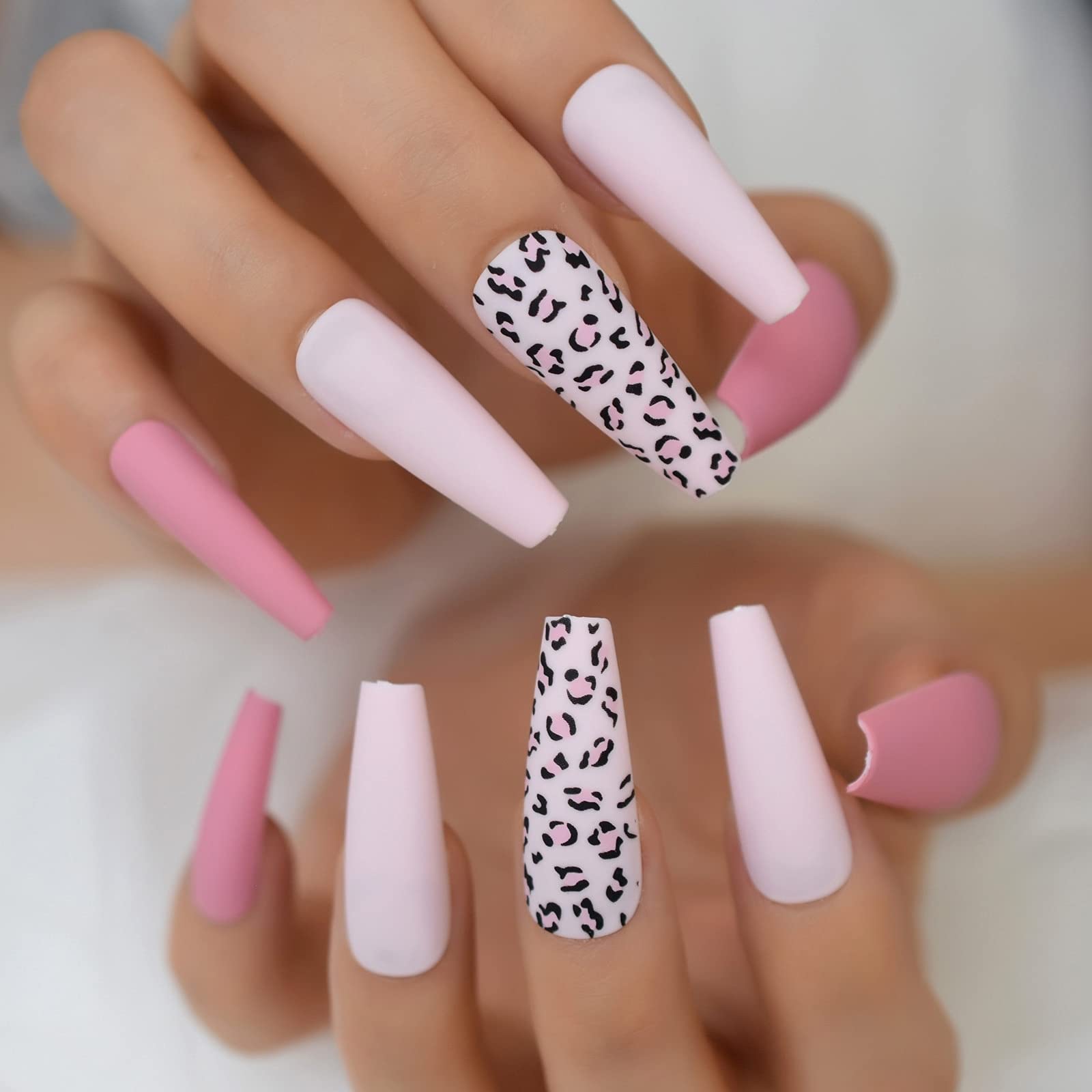 Coolnail Matte Pink Leopard Print Press On Nails - Extra Long Coffin Ballet Fake Nails for Women | Full Cover Artificial Nails for Parties, Weddings & Special Occasions