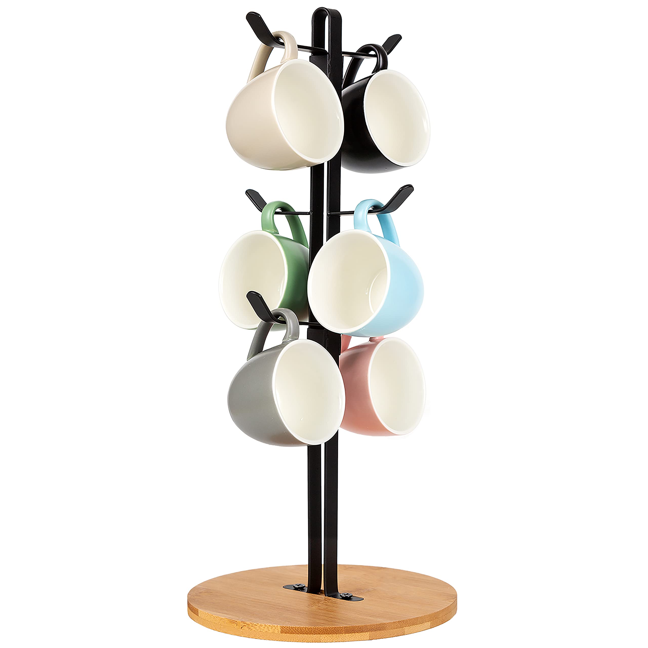 TIEYIPIN Bamboo Coffee Mug Holder with 6 Hooks - Espresso Cup Organizer, Mug Tree Stand for Kitchen Counter & Coffee Bar - Perfect for Home, Office or Cafe Decor