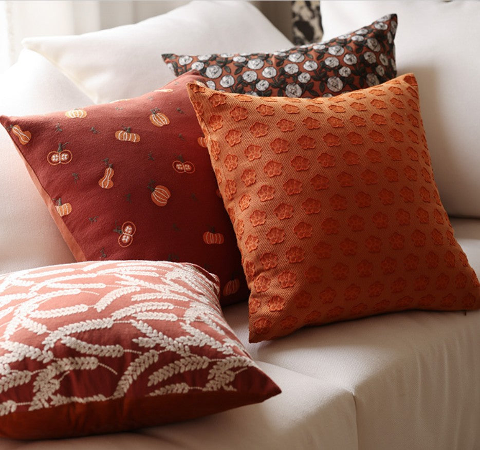 Farmhouse Decorative Throw Pillows for Couch - Embroidered Cotton Pillow Covers with Wheat Stalk & Pumpkin Design - Perfect for Living Room, Sofa, and Home Decor