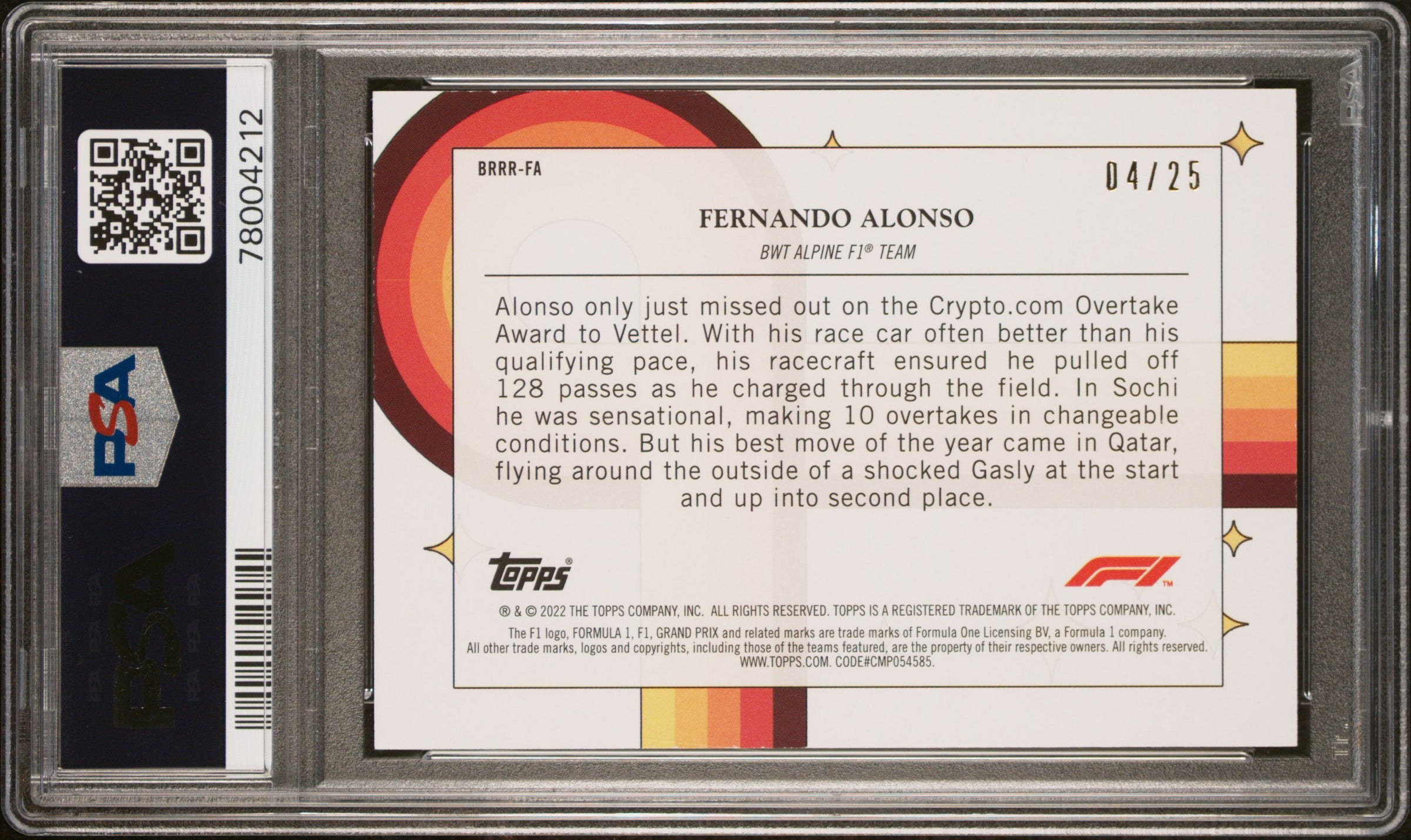 PSA 8 Graded Fernando Alonso Bounce Rock Race Roll #BRRRFA Orange Parallel /25 - Rare Collectible for F1 Fans, Racing Memorabilia & Sports Card Enthusiasts