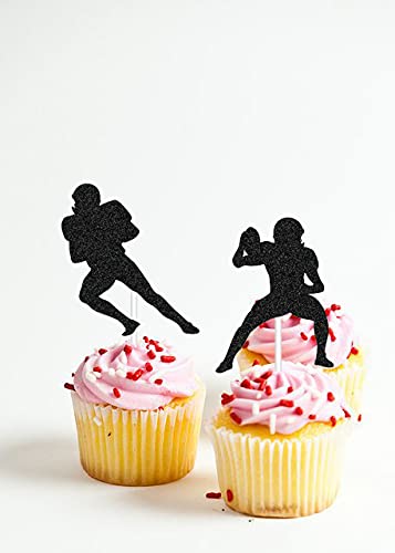 American Football & Rugby Cupcake Toppers - 24pcs Sports Themed Party Decorations for Men's Birthday, Black Glitter Ball Game Toppers - Perfect for Game Day Parties, Sports Themed Birthday Cakes, and Tailgating Events