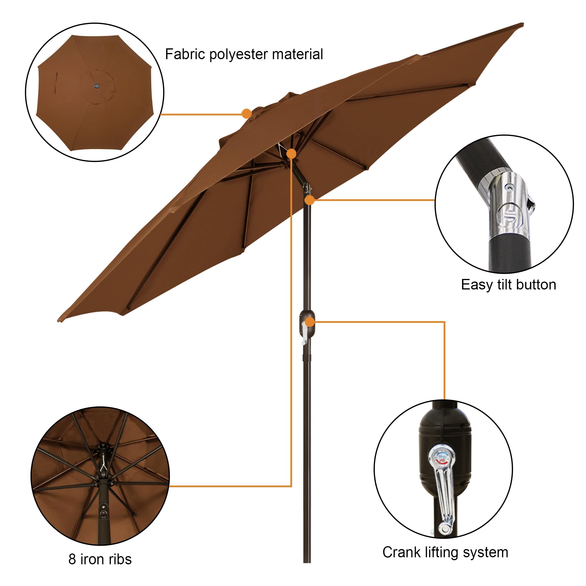 Blissun 9-Foot Outdoor Patio Umbrella - Heavy Duty Market Umbrella with 8 Sturdy Steel Ribs, Push Button Tilt & Easy Crank Lift - Perfect for Backyard, Poolside, Restaurant and Outdoor Dining Areas